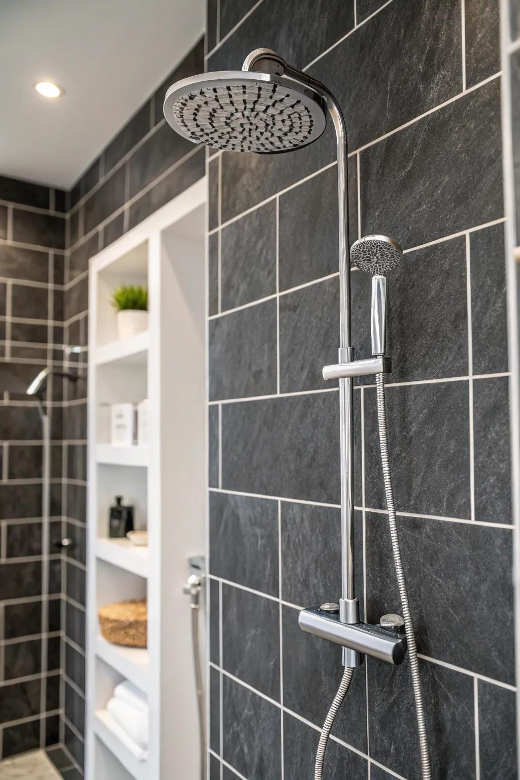 Dark tiles deliver a sophisticated look.