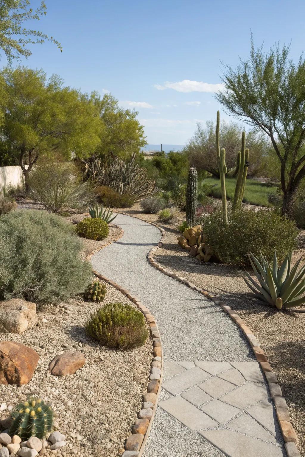 Gravel pathways through desert plantings in a Las Vegas backyard.