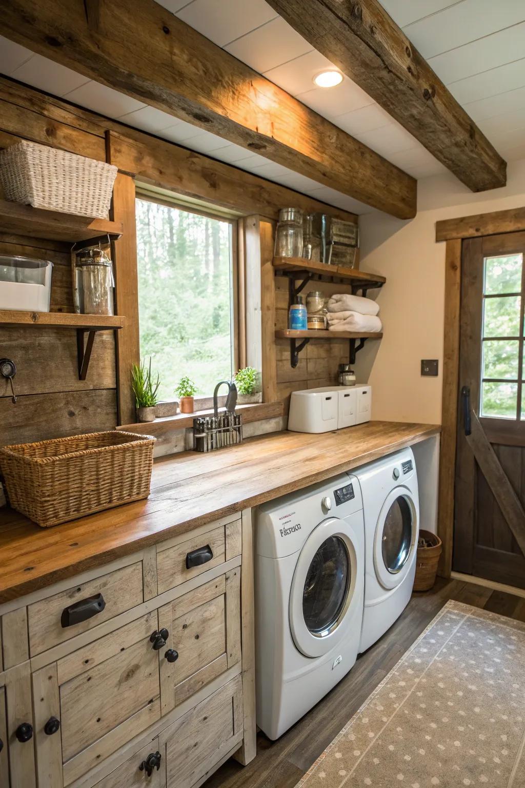 Reclaimed wood countertops that are eco-friendly in a laundry room.