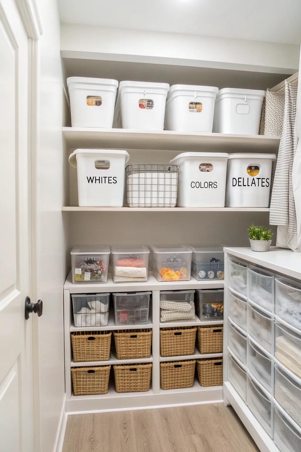 Labeled containers keep this laundry room neatly organized.