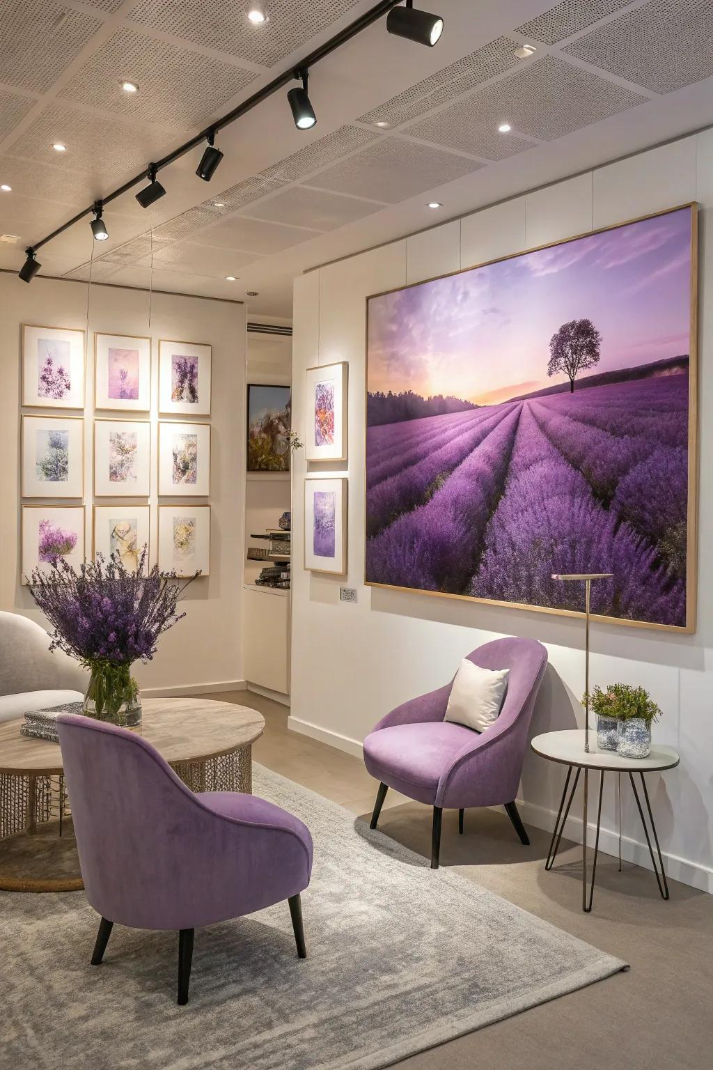 A modern room enhanced by art pieces with lilac and plum tones.