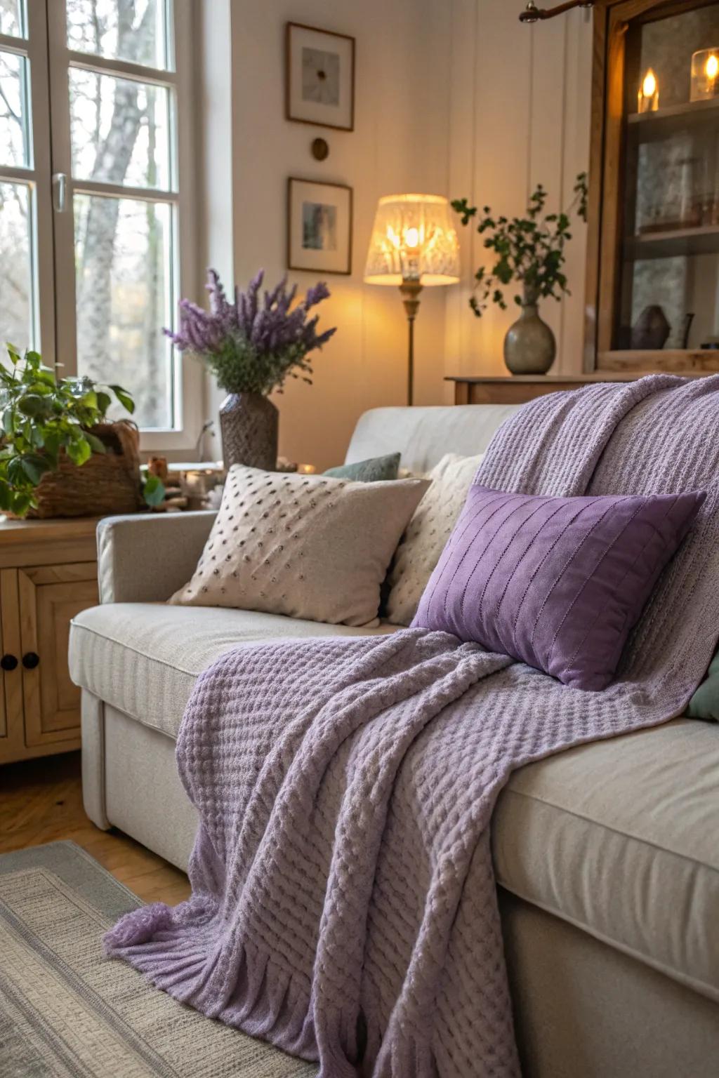 Cozy yet chic with lavender throw cushions.