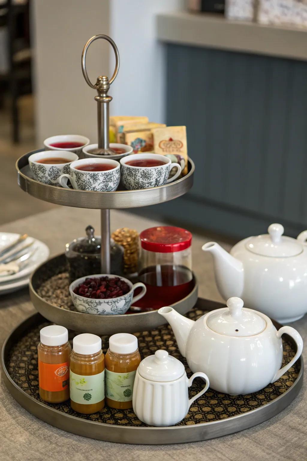 An exquisite tea arrangement utilizes a <strong>lazy Susan</strong>, perfect for a peaceful and elegant tea gathering.&rdquo; loading=&rdquo;lazy&rdquo; class=&rdquo;pimg&rdquo;>
	</picture><figcaption>An exquisite tea arrangement utilizes a <strong>lazy Susan</strong>, perfect for a peaceful and elegant tea gathering.</figcaption></figure>
<p>Set up a lovely tea station with a <strong>lazy Susan</strong>, complete with teacups, teapots, and a variety of teas. It brings a sense of elegance and functionality to your tea moments.</p>
<h3>Useful items to consider:</h3>
<ul class=