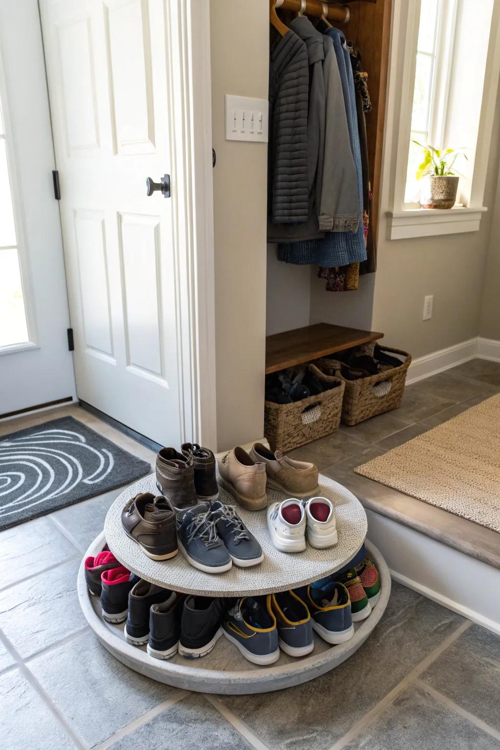 Keep your entryway neat with a spinning organizer for shoe storage.