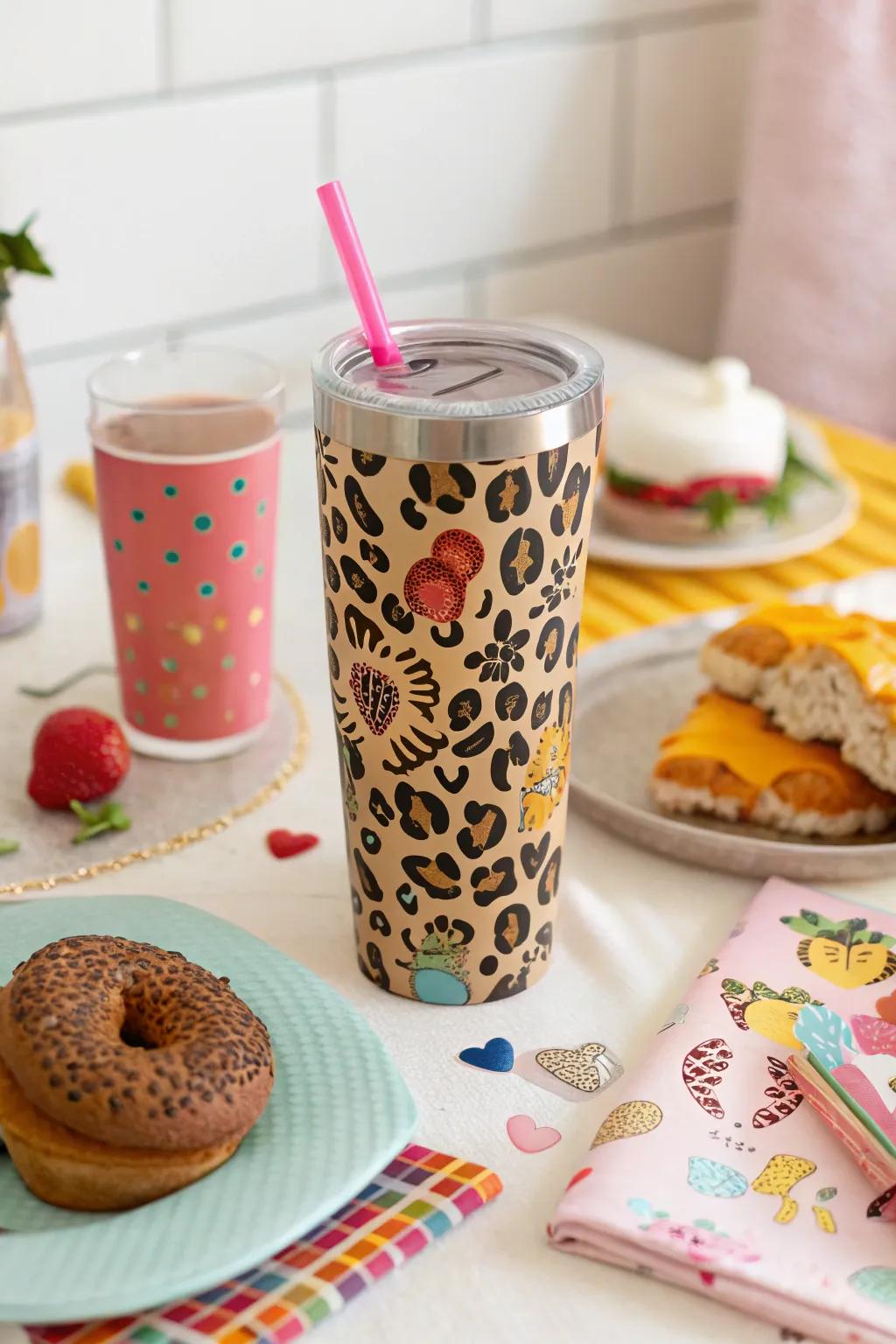 A playful jungle cat print cup that adds whimsy to your morning.
