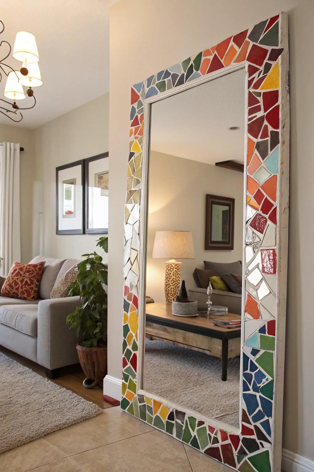 A revamped mirror frame crafted from plate pieces, adding character to a room.