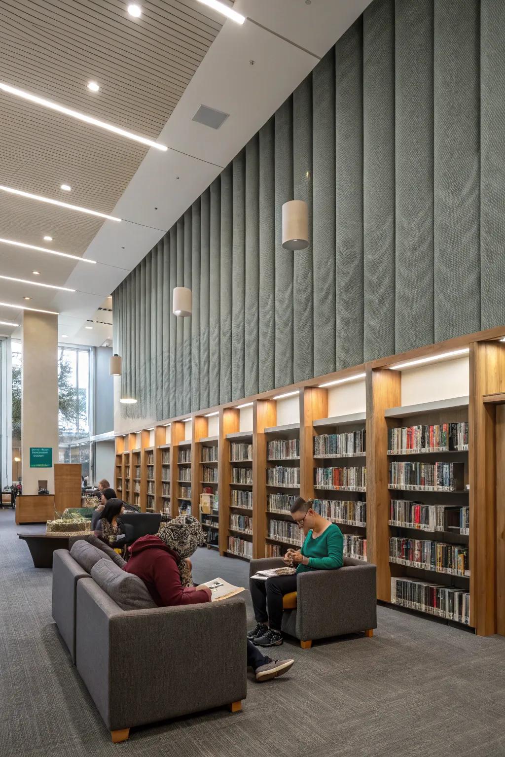 A serene library featuring acoustic solutions to ensure quiet reading.