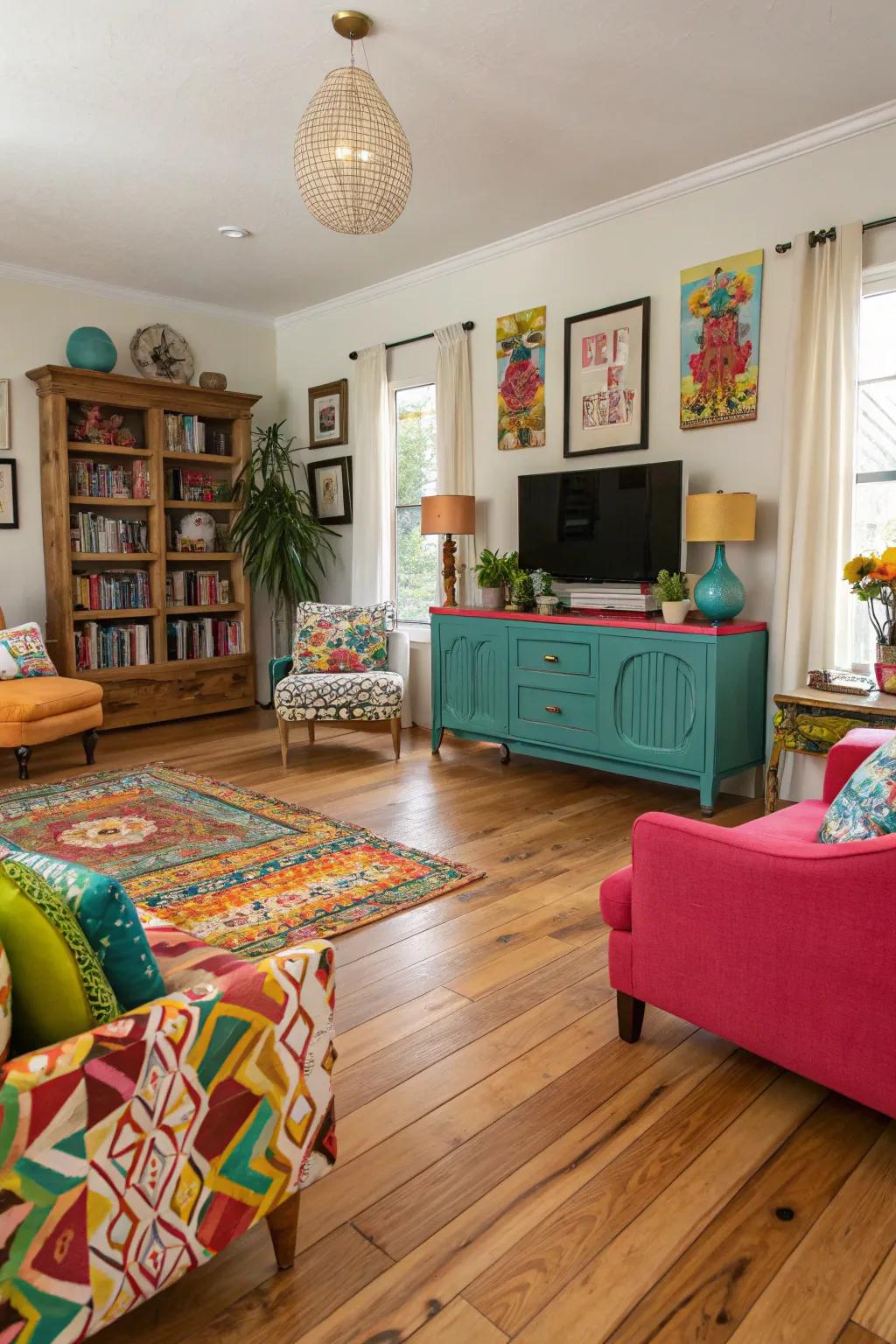 Natural pecan flooring adds eccentric flair to this vibrant living room.