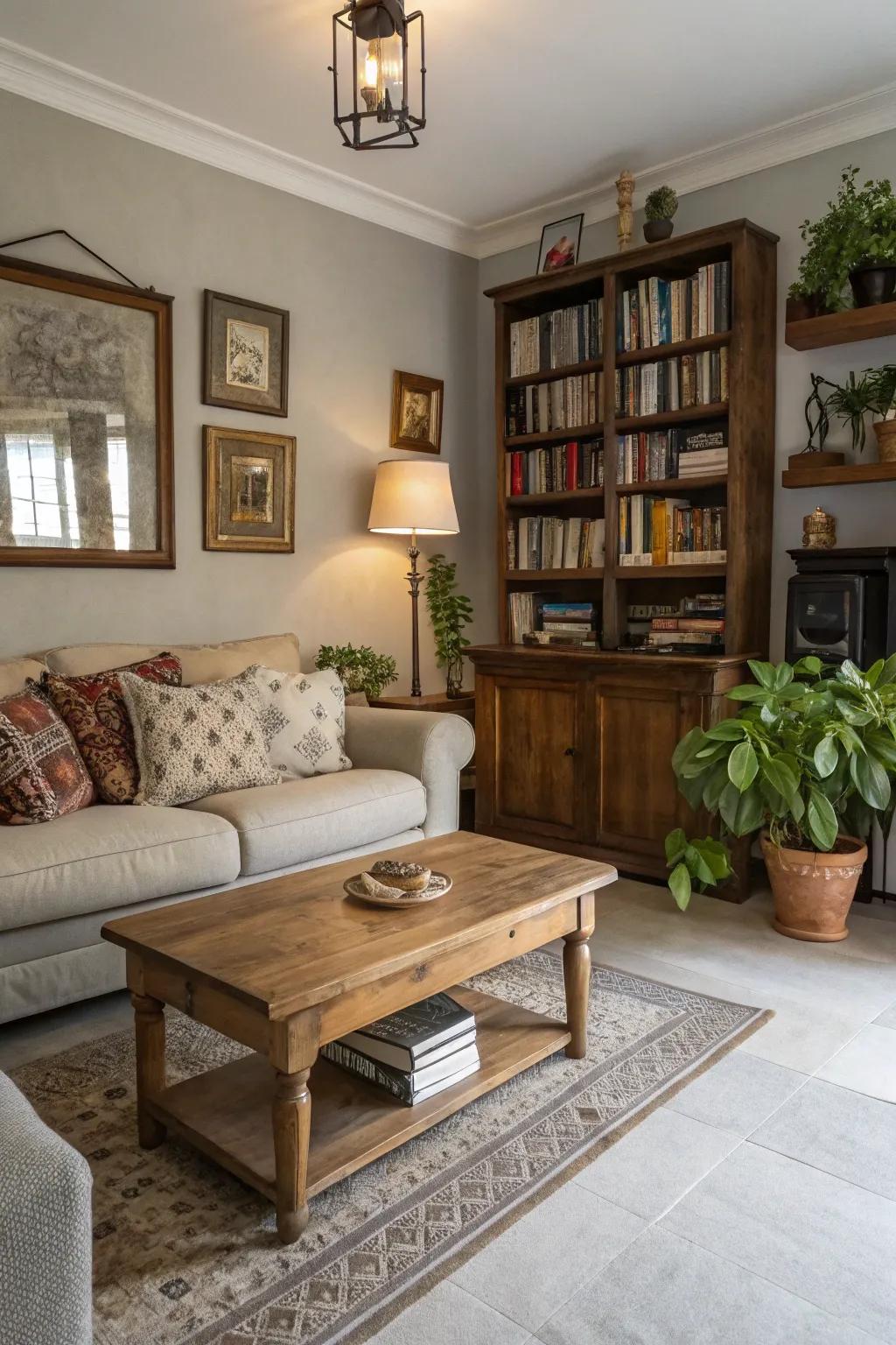 A timeless living room featuring vintage accents and light grey flooring.