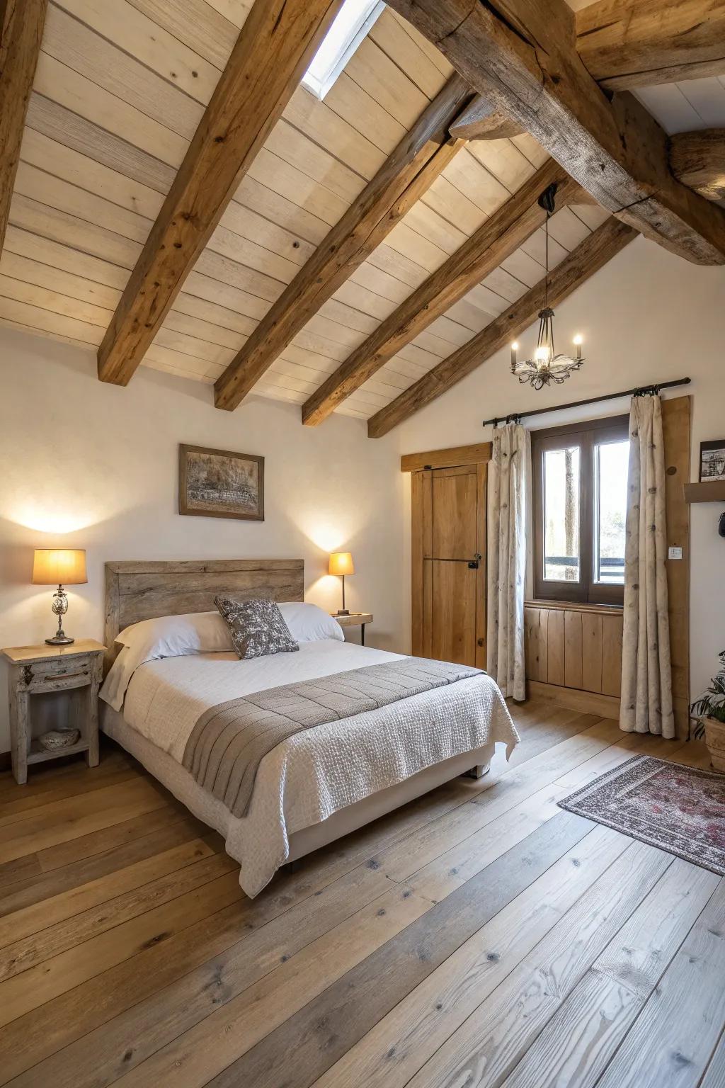 Rural aspects enrich warmth to a bedroom featuring bright timber flooring.