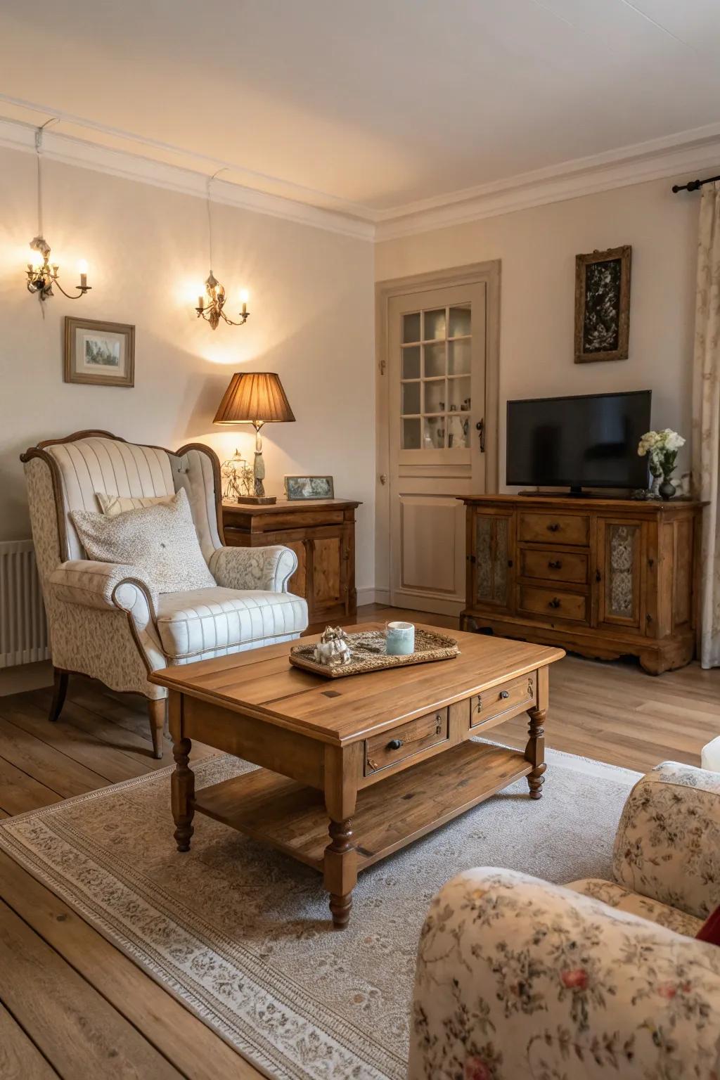 A living room embodying old-world charm, further enhanced by the enduring appeal of light wooden floors.