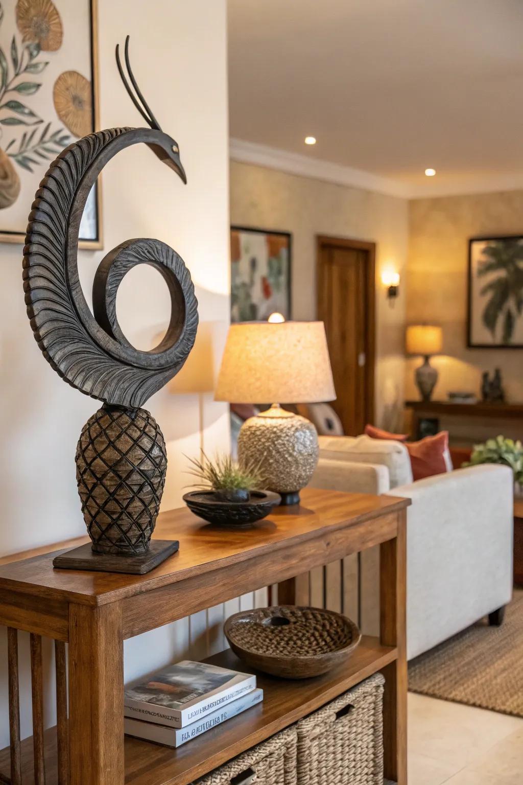A sculpture creates a captivating focal point in a corner.