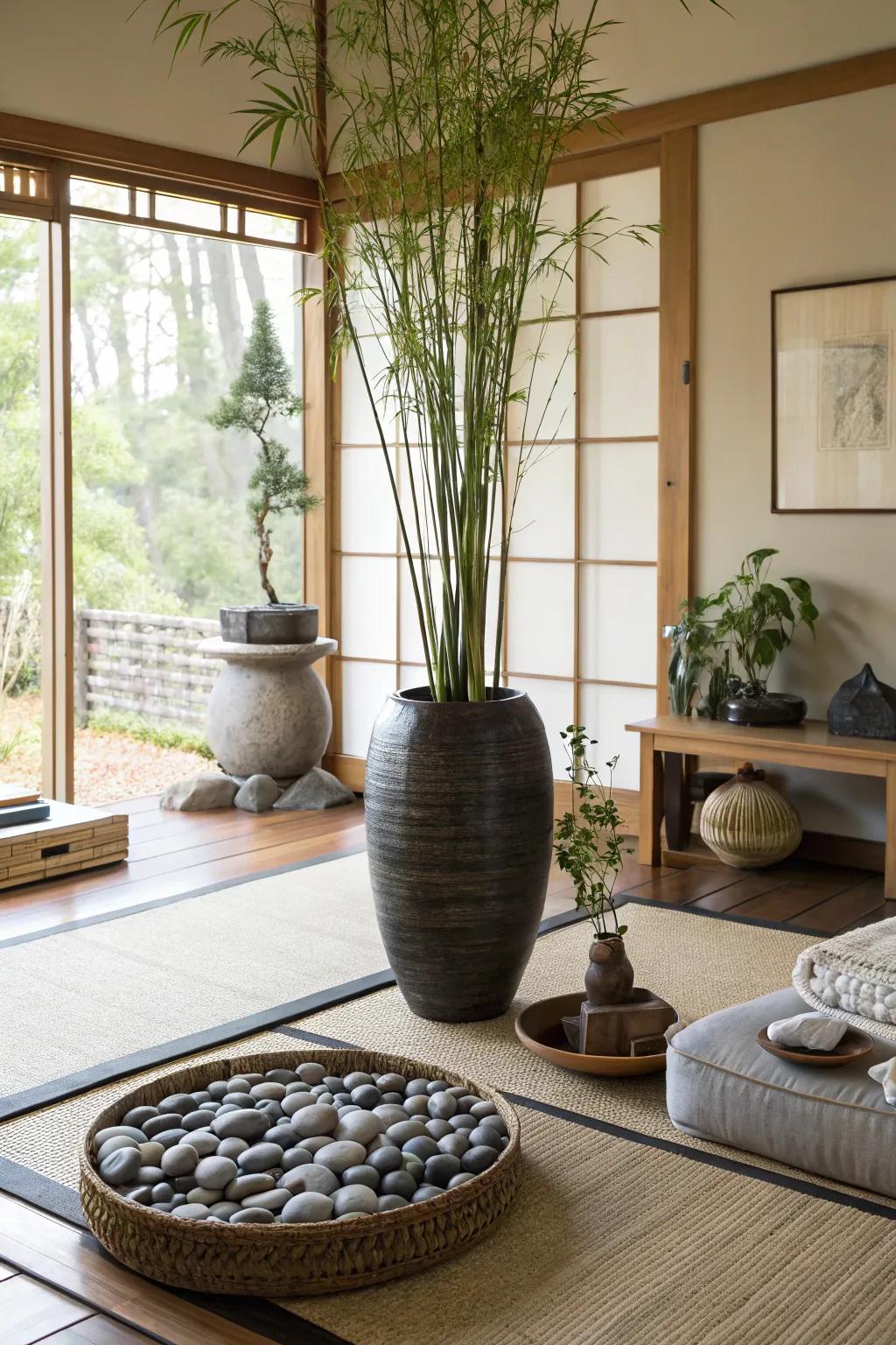 Zen decorations with bamboo and stones bring tranquility to a living room corner.