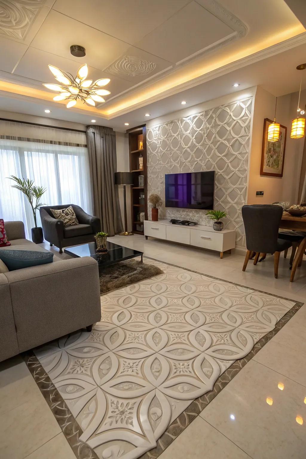 Modern family room featuring striking 3D tiles.