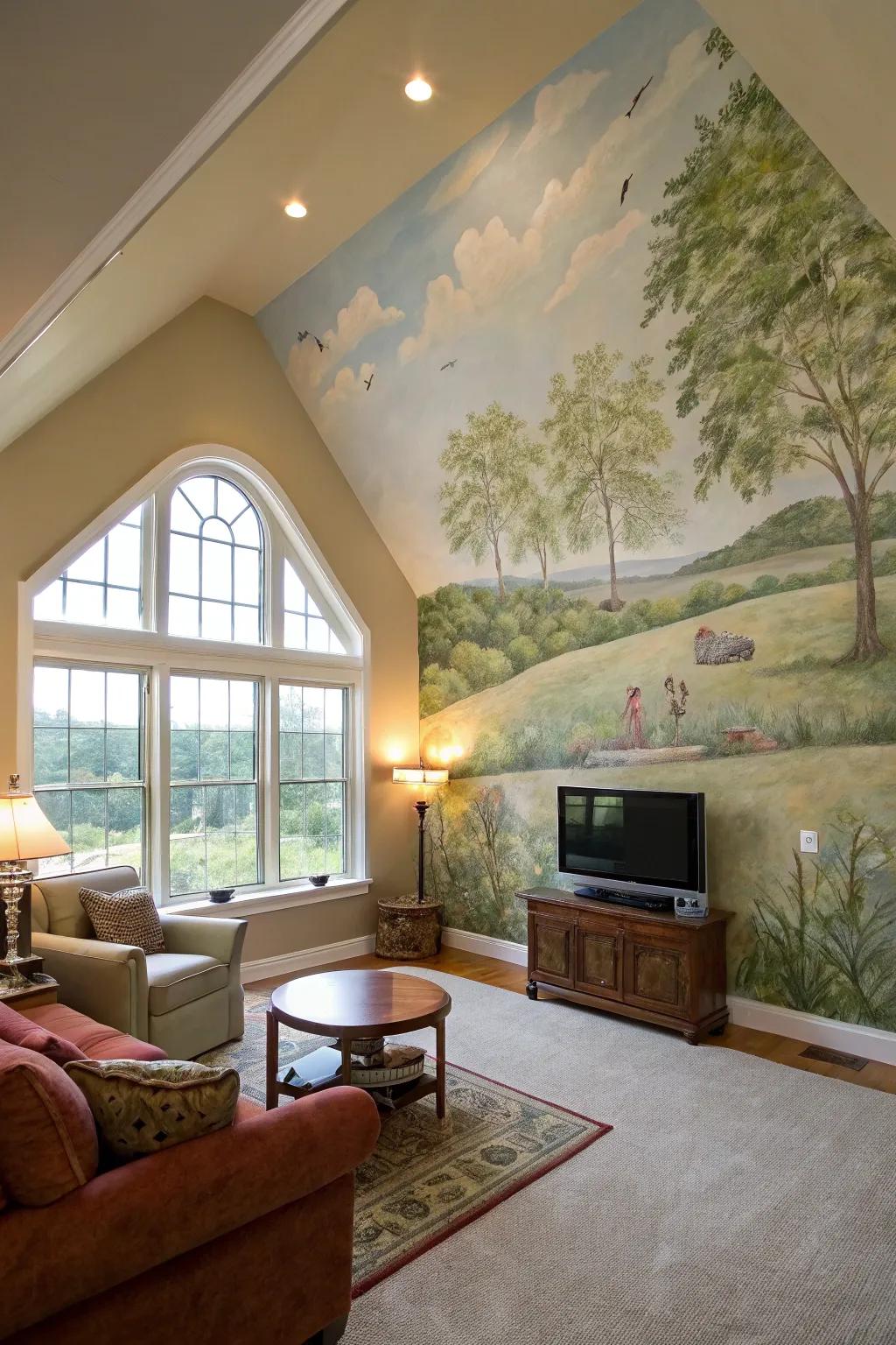 Wall murals create visual interest in a high ceiling room.