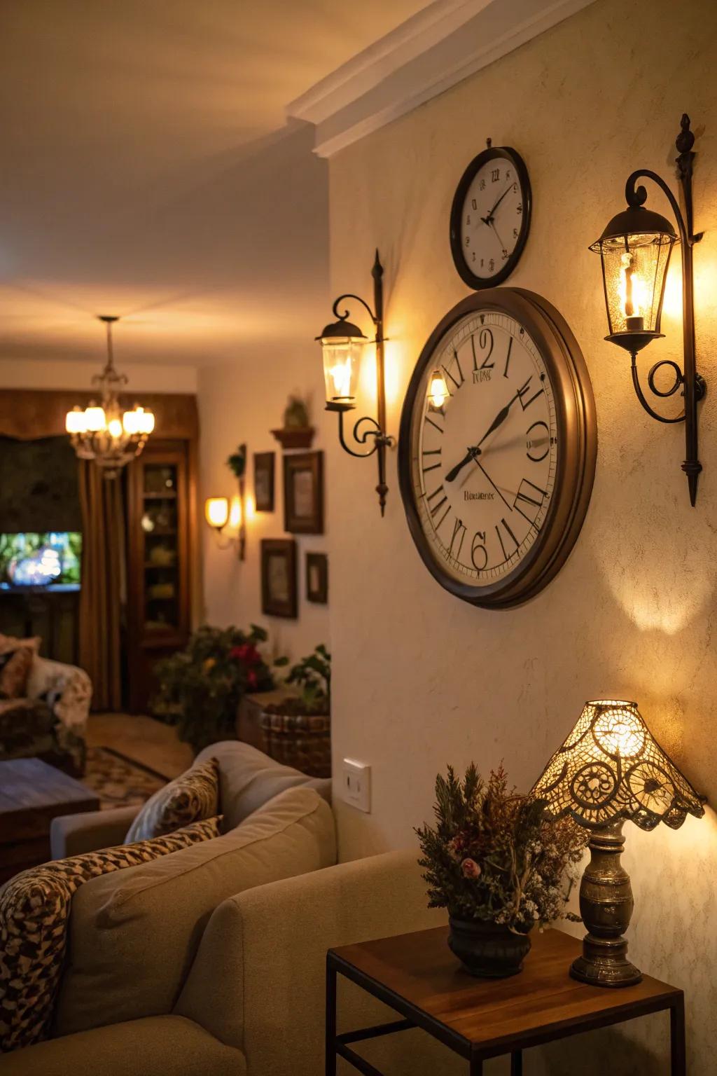Lighting highlights the wall clock and creates a cozy ambiance.