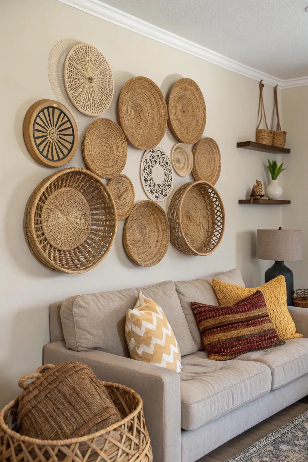 Woven baskets bring texture and interest to the wall.