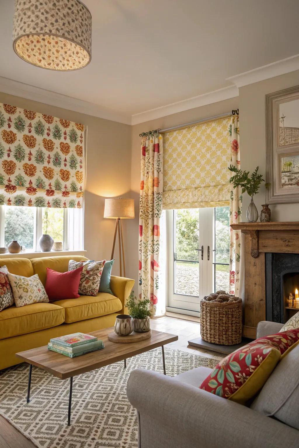 Daring patterned shades formulating a playful statement in the living space.