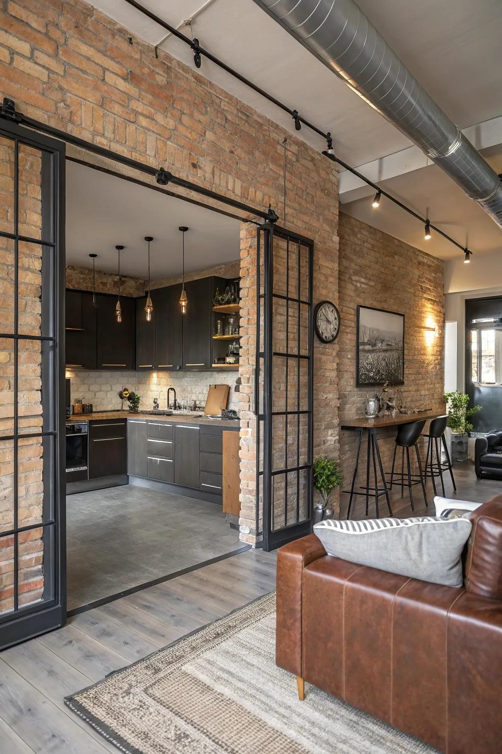Industrial elements introduce an edgy, contemporary aesthetic.