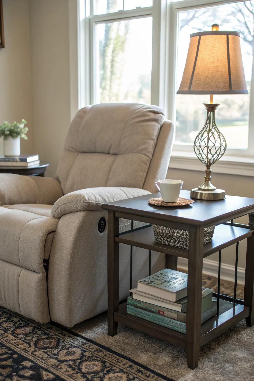 A stylish and practical arrangement with a recliner and side table.