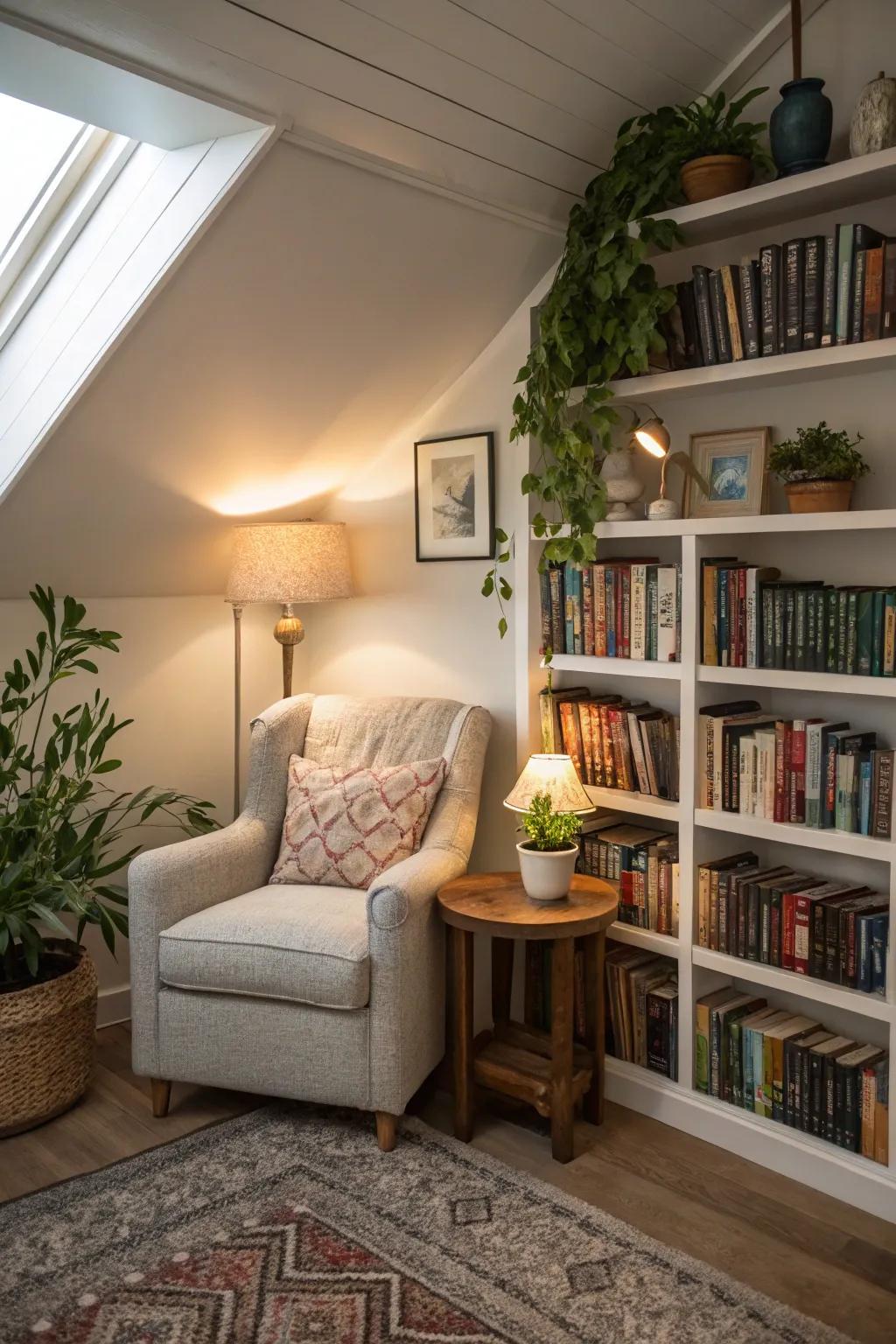 Serene reading alcove within a loft library.