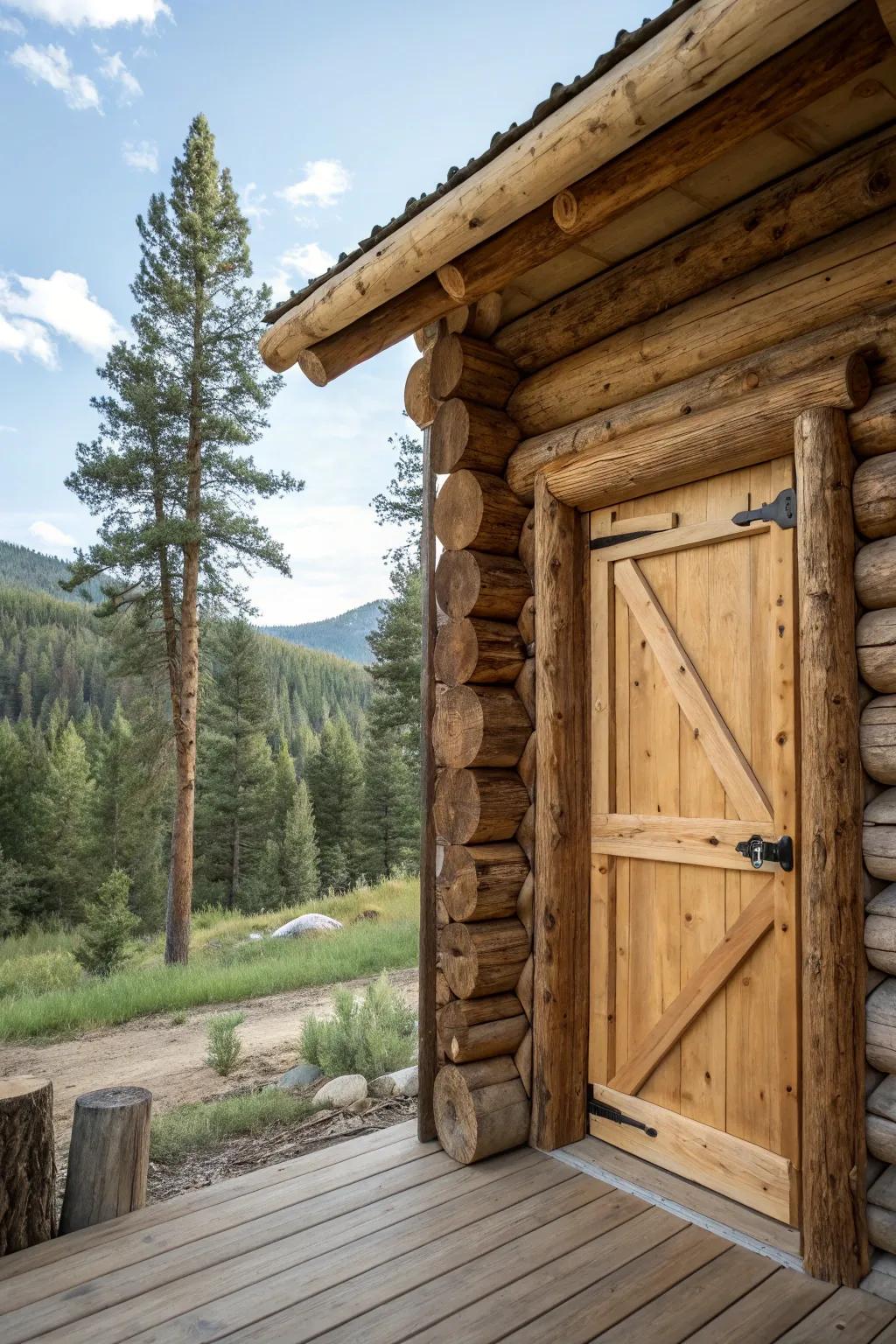 An eco-conscious log cabin doorway crafted from sustainable materials.