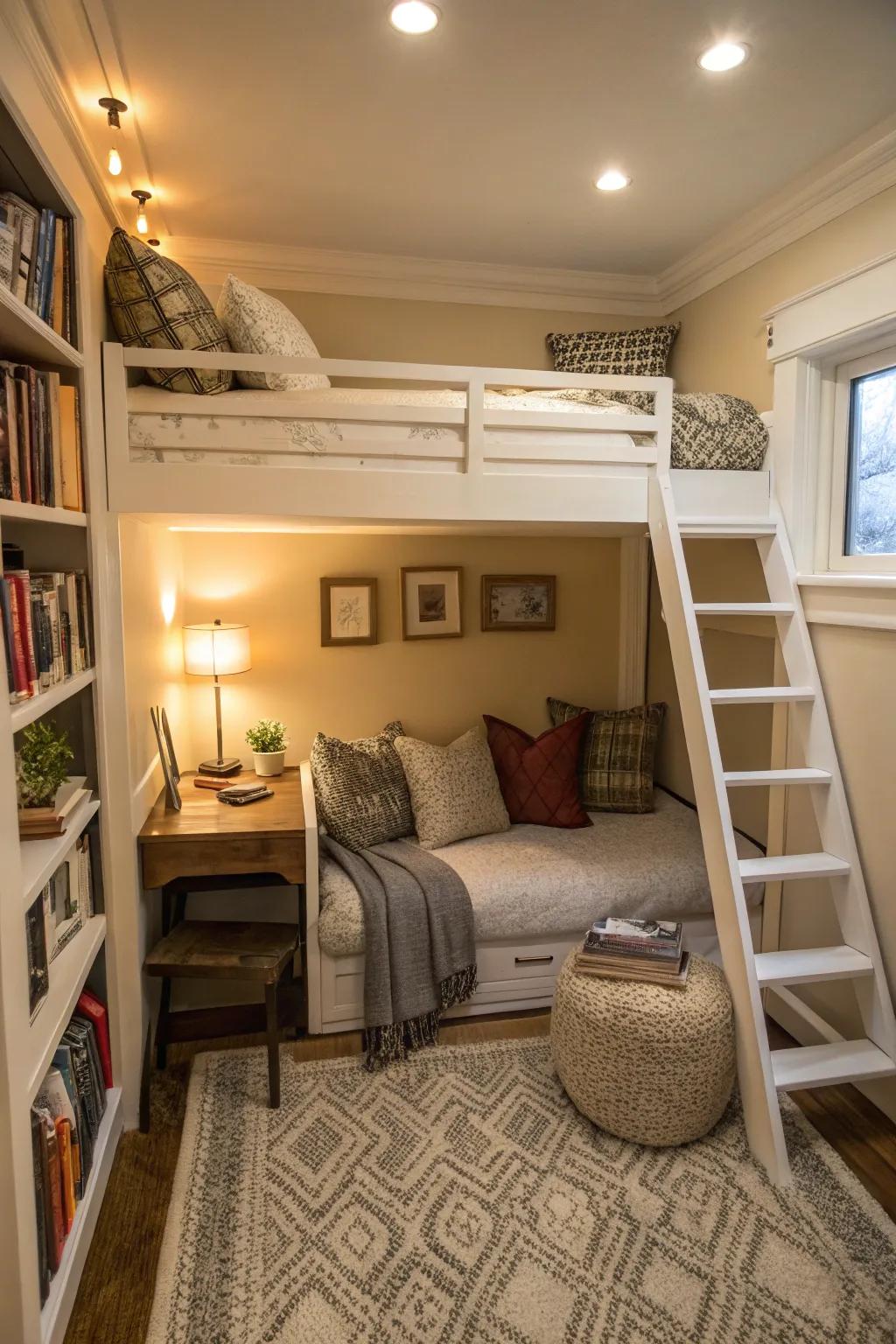 Elevated sleeping units liberate considerable floor space.
