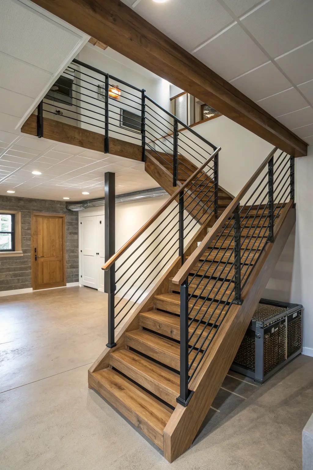 Open stairways improve spaciousness within basement spaces.