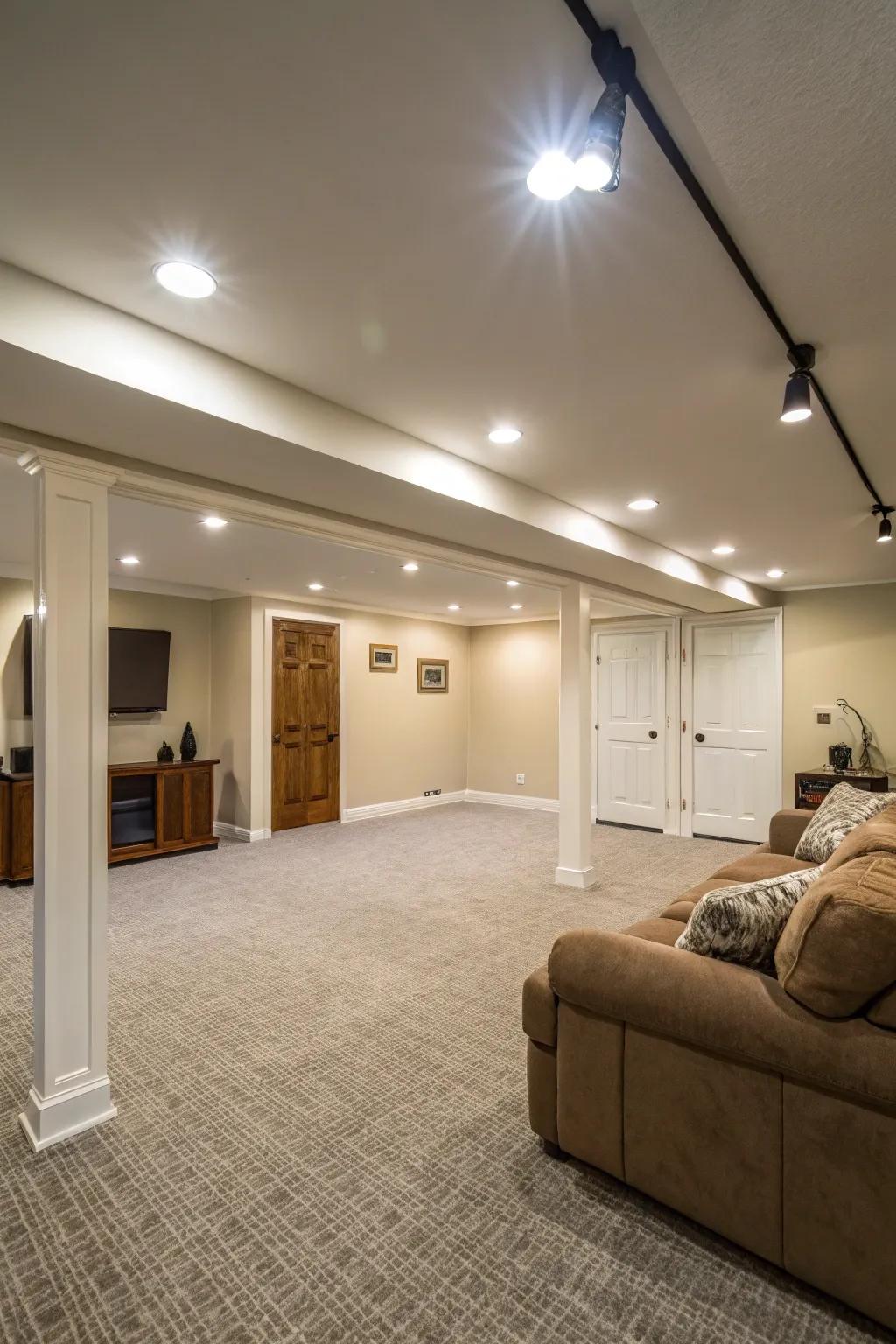 Smaller lights keep the area bright without taking away from the height.