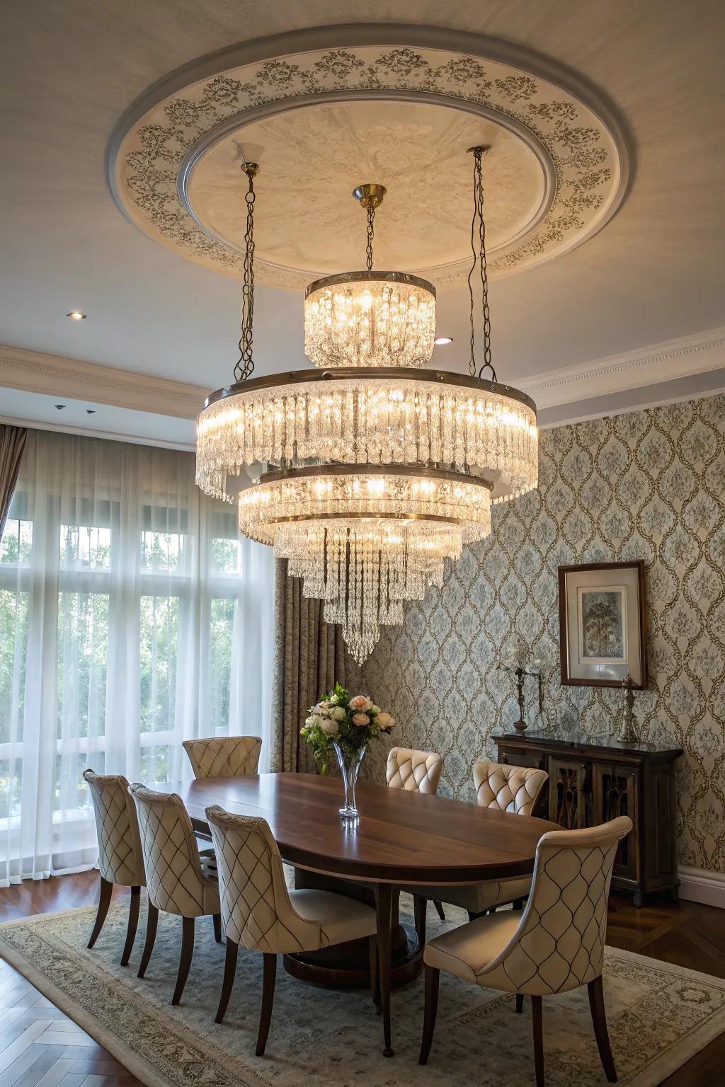 A multi-tiered chandelier contributing drama to a dining space.