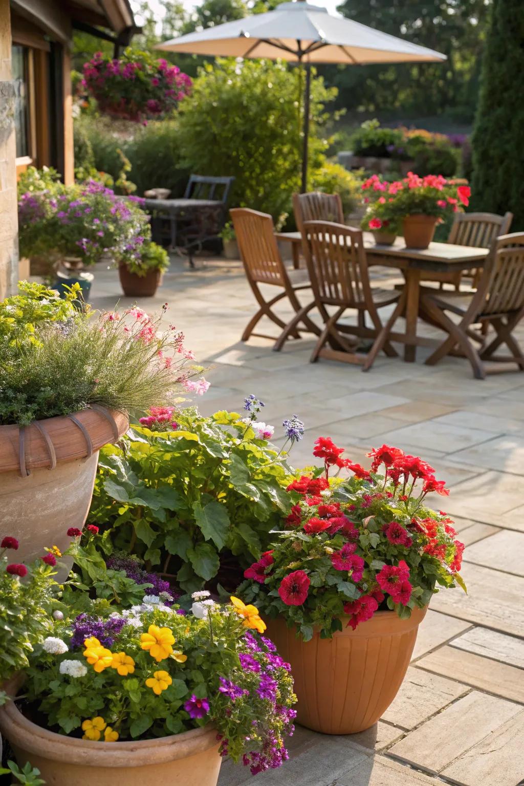 Container gardening provides vibrant flexibility and easy maintenance.