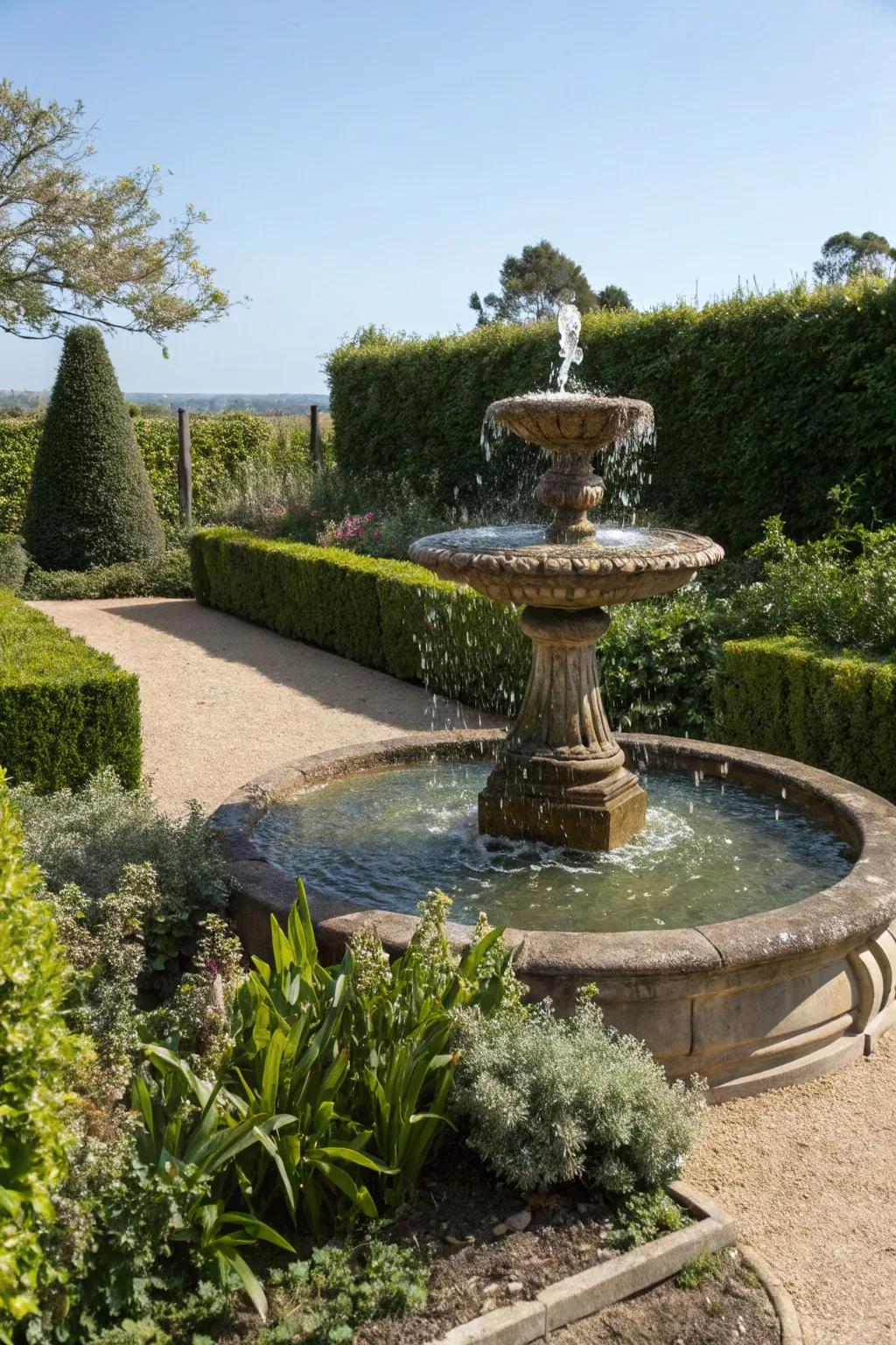 A small fountain enhances tranquility and draws wildlife.