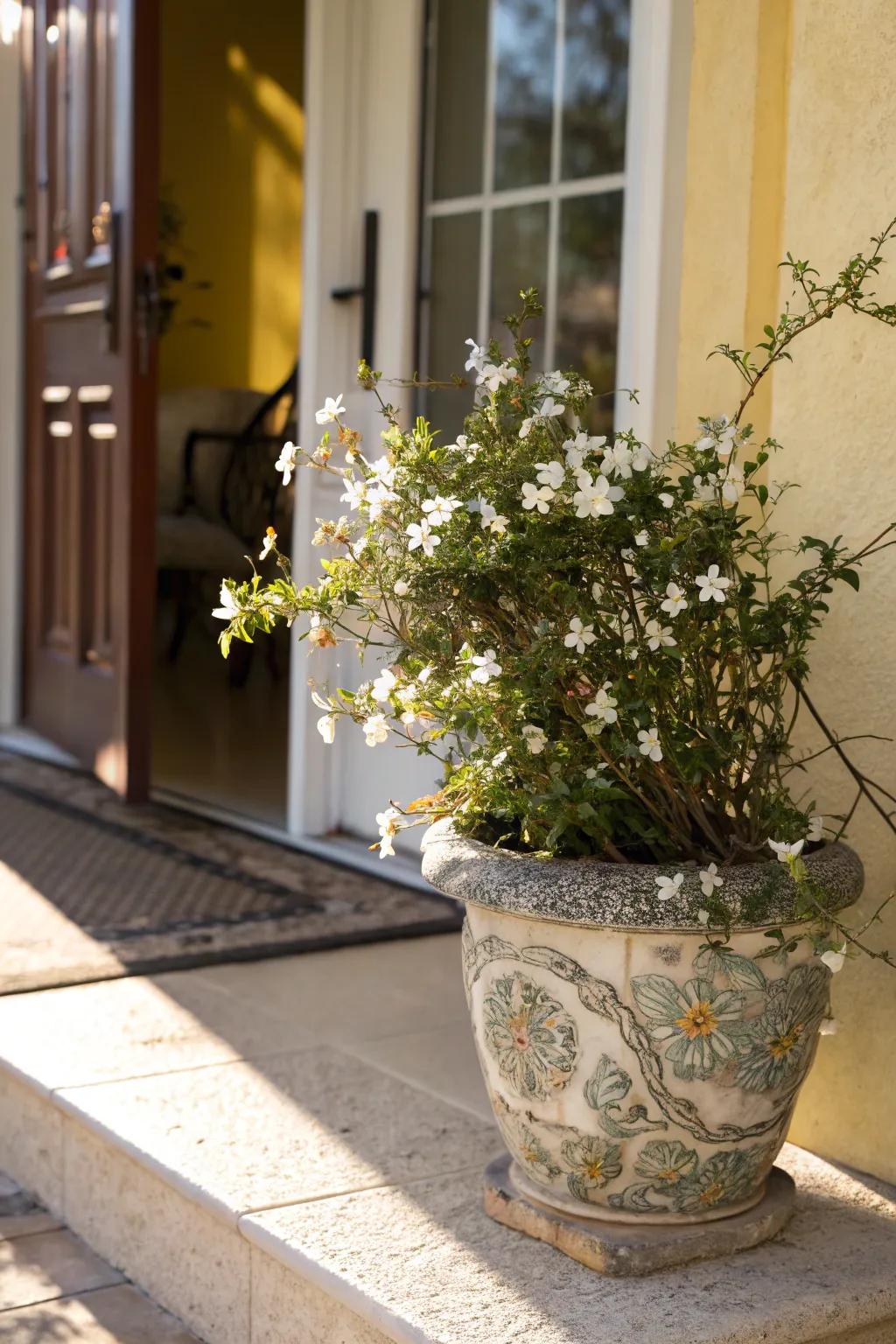 Winter jasmine providing a fragrant greeting in full sunlight.