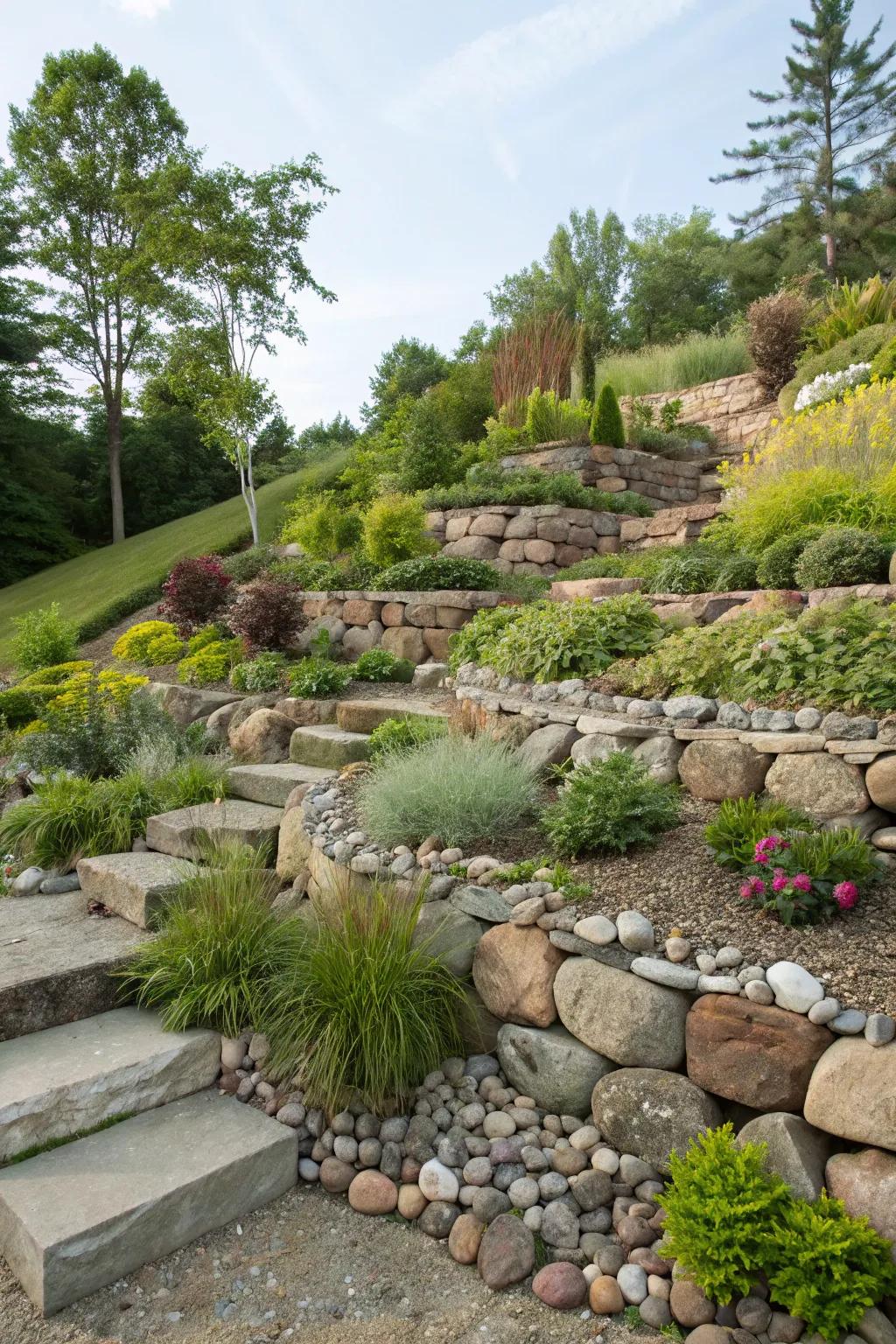 Add visual drama to your garden with multi-tiered river stone layers.