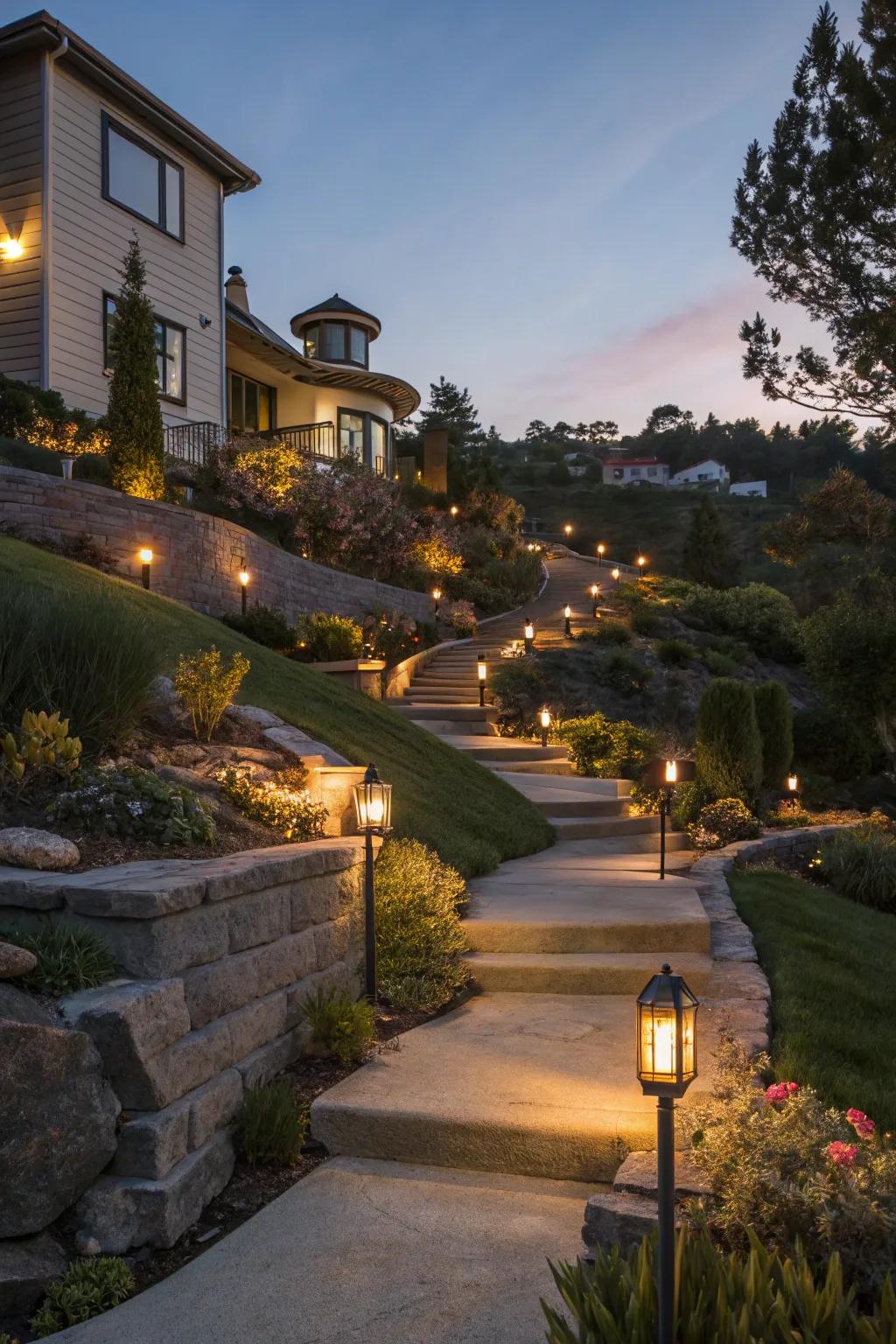 Solar illumination enriches safety and ambiance across sloping gardens.