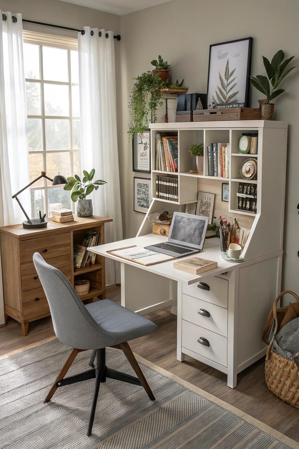 A flexible home office with a desk that does many things.
