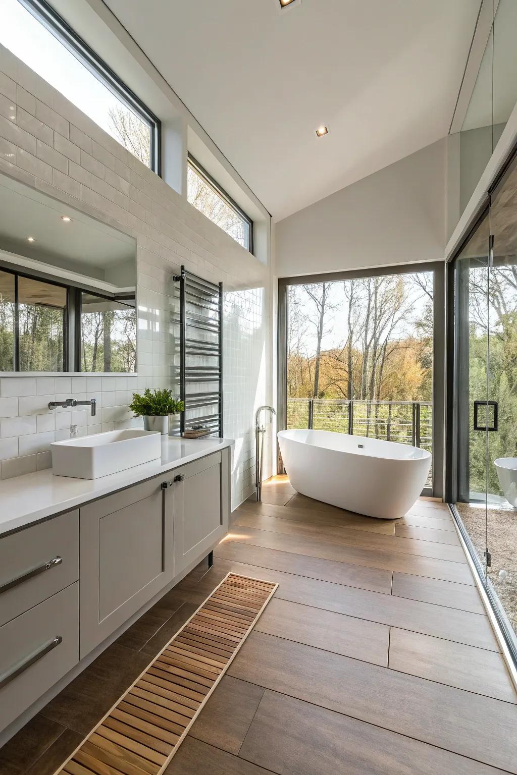 A modern bathroom featuring the comfort of heated floors.