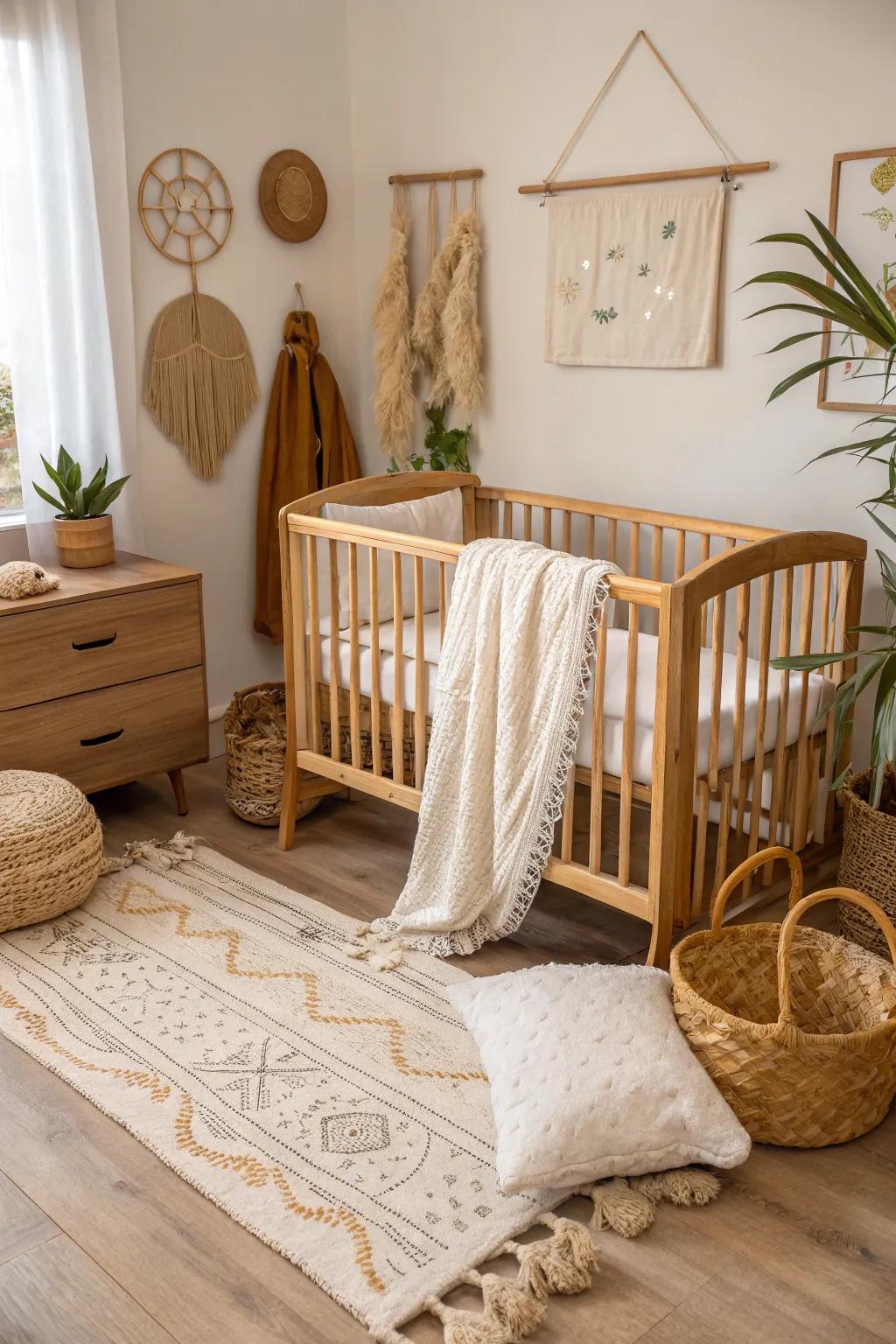 A nursery with natural things like a wooden crib and cotton bedding.
