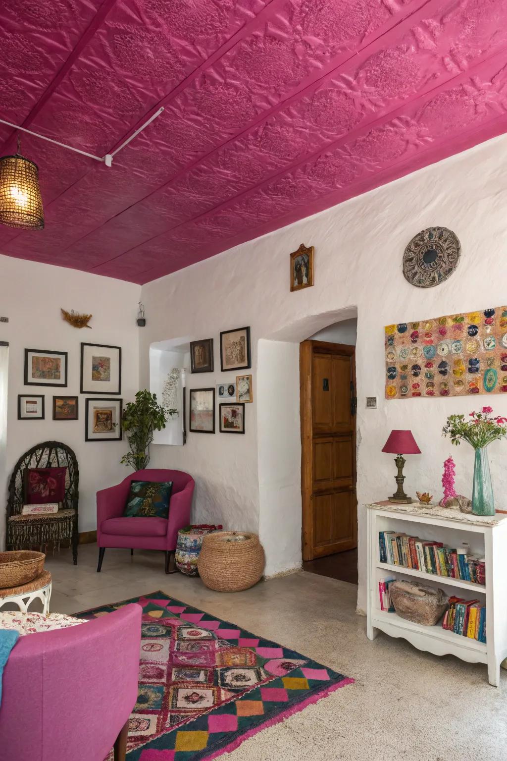 A fuchsia ceiling adds a surprising and dramatic twist to this eclectic room.