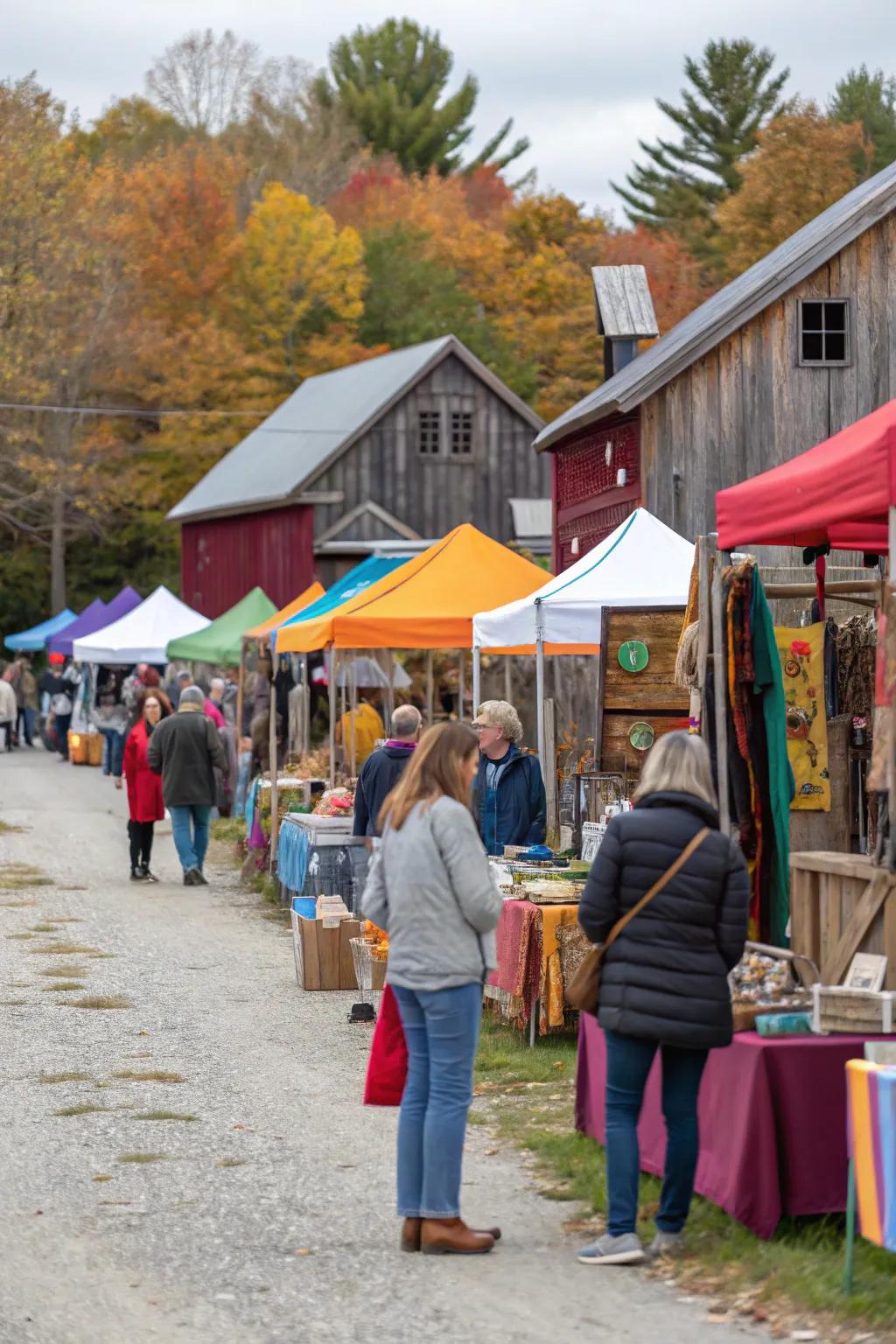 A vibrant scene at a local artisan marketplace in Maine.