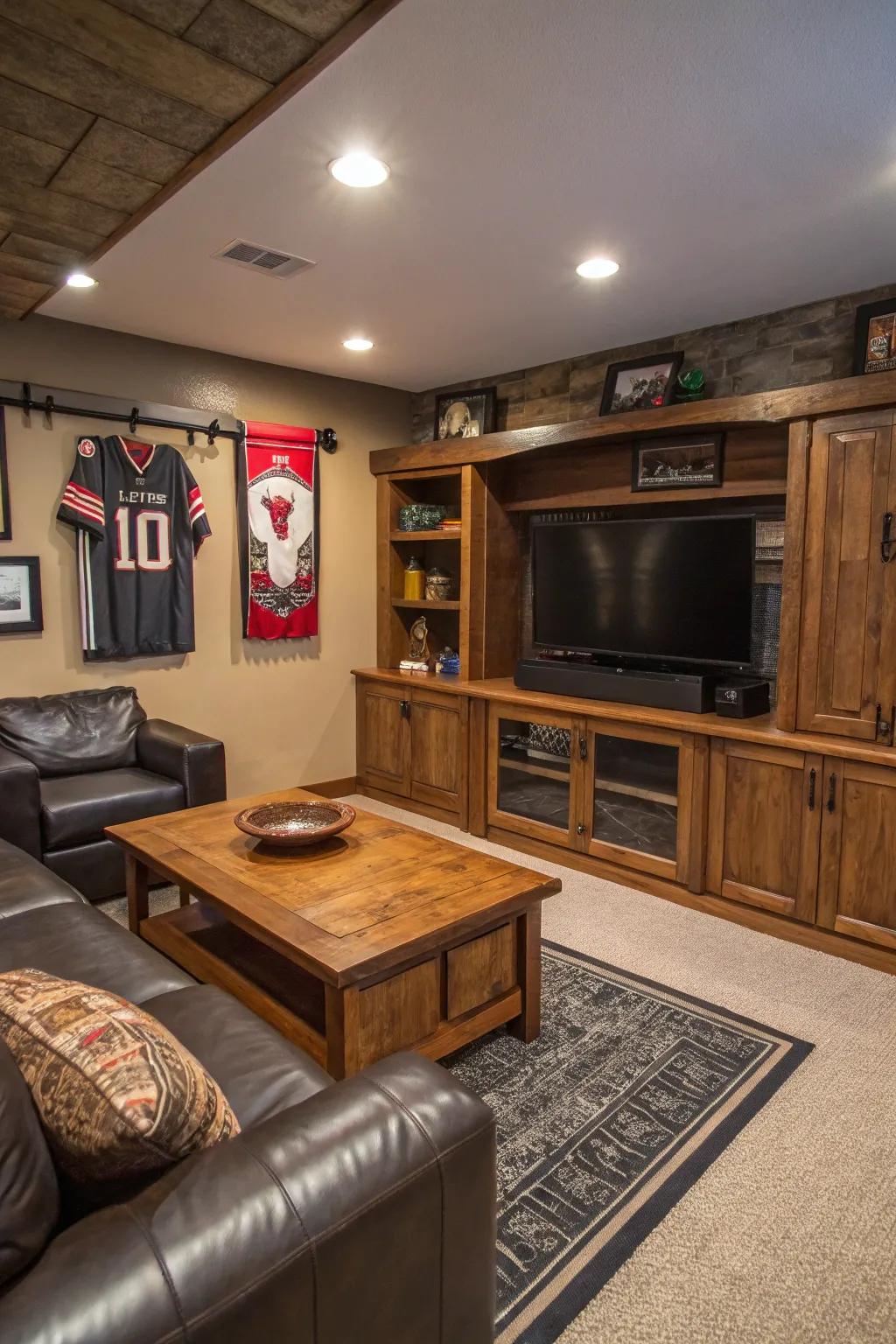 Concealed alternatives for safekeeping uphold a clutter-free setting within this man cave.