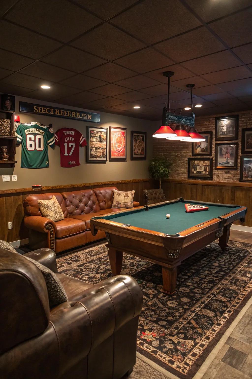 A stylish pool table sector for entertainment within a man cave.