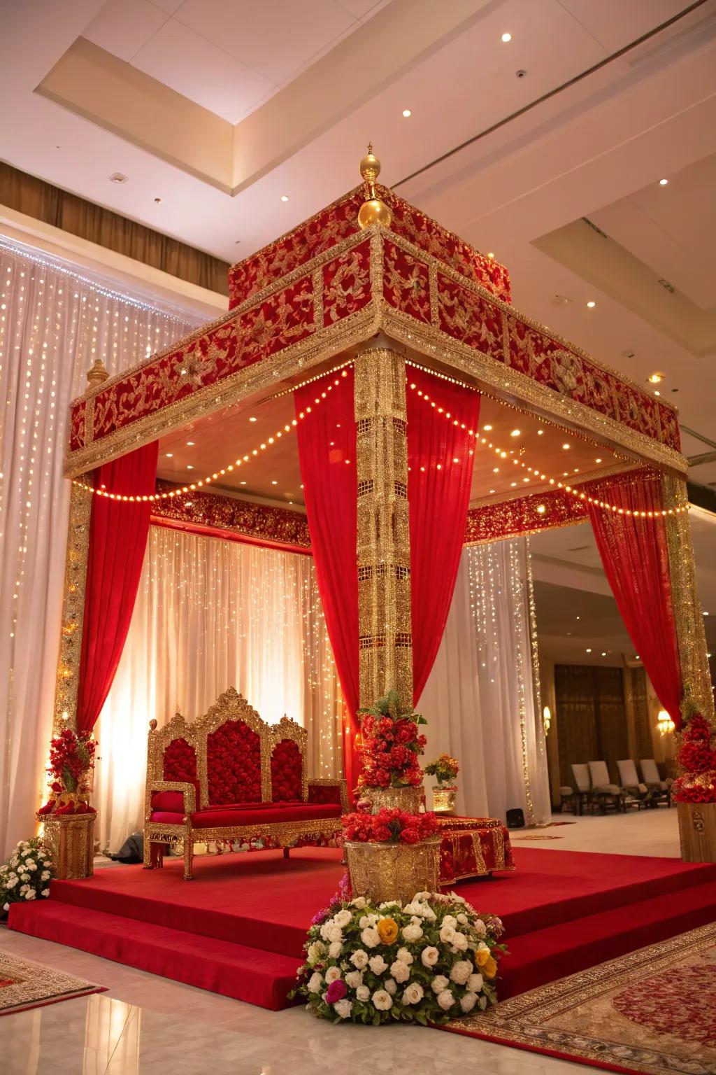 A vermilion and gold mandap radiates extravagance and grandeur.