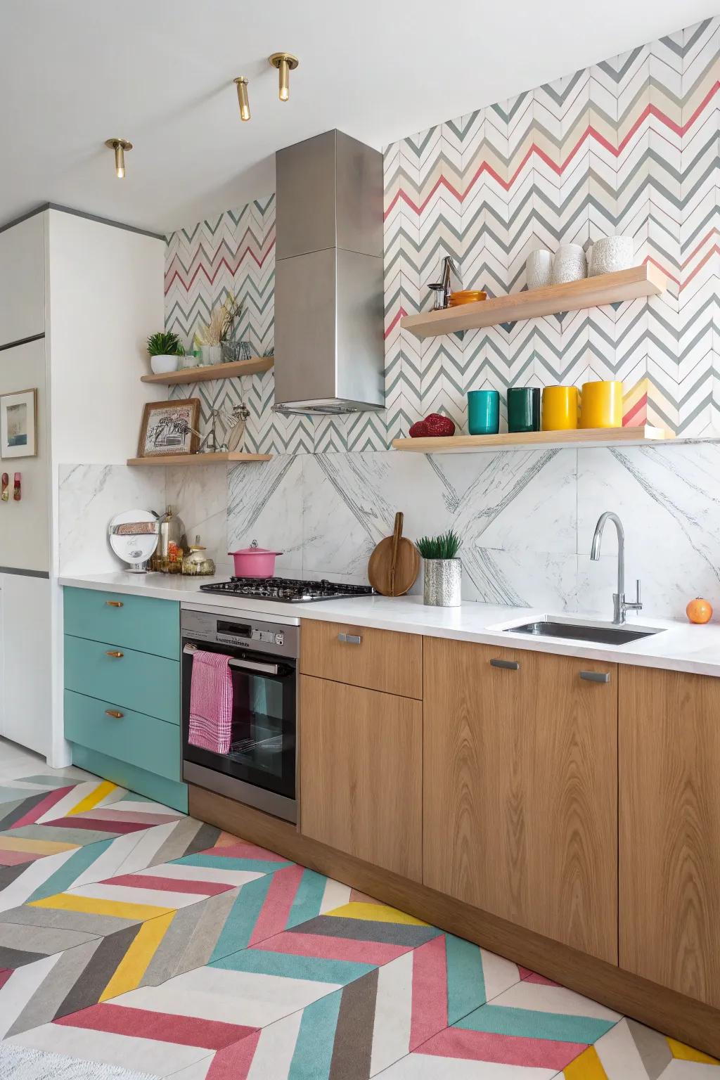 An energetic kitchen with a playful diagonal-patterned marble backsplash.