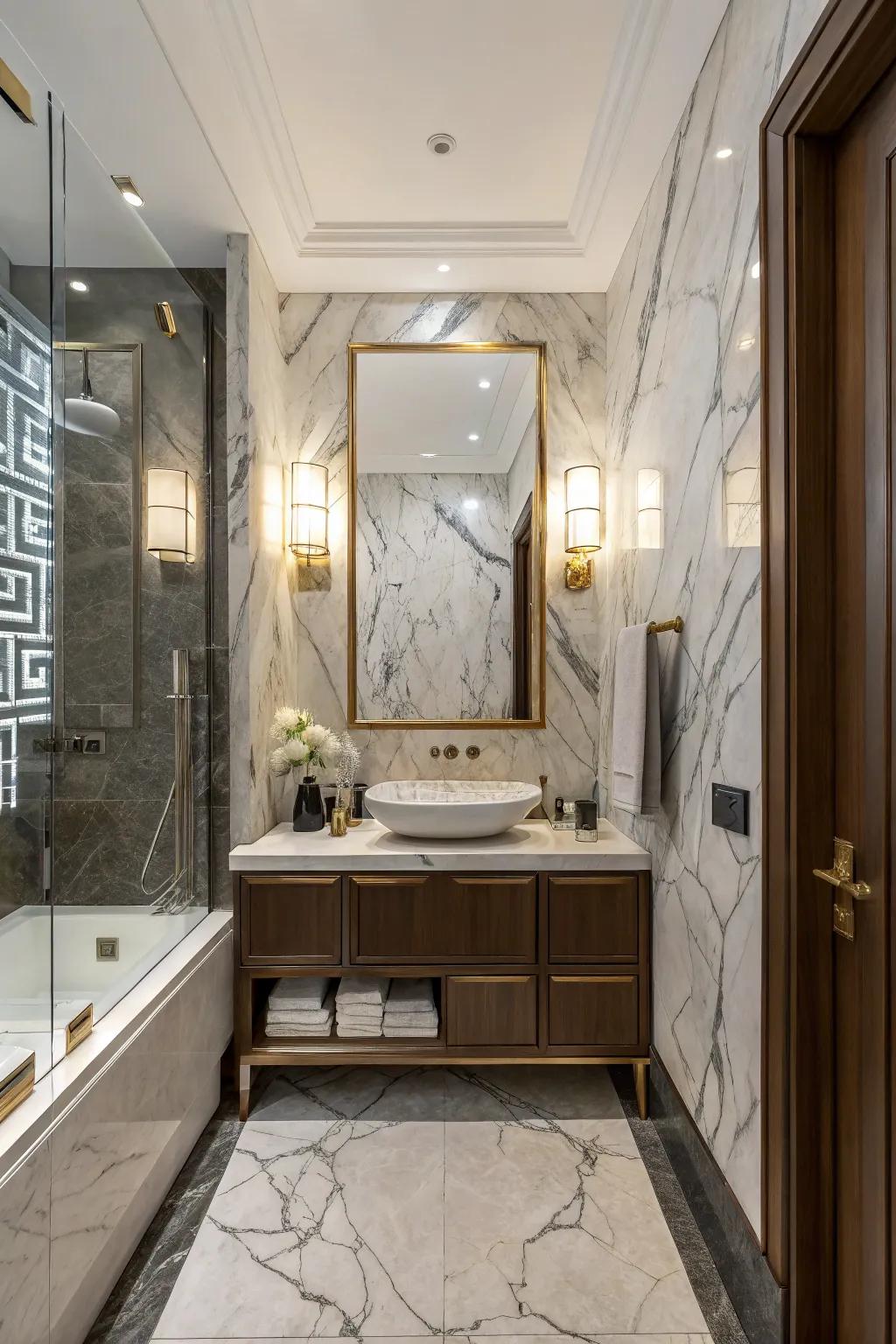 A marble accent wall stands out as an eye-catching feature.