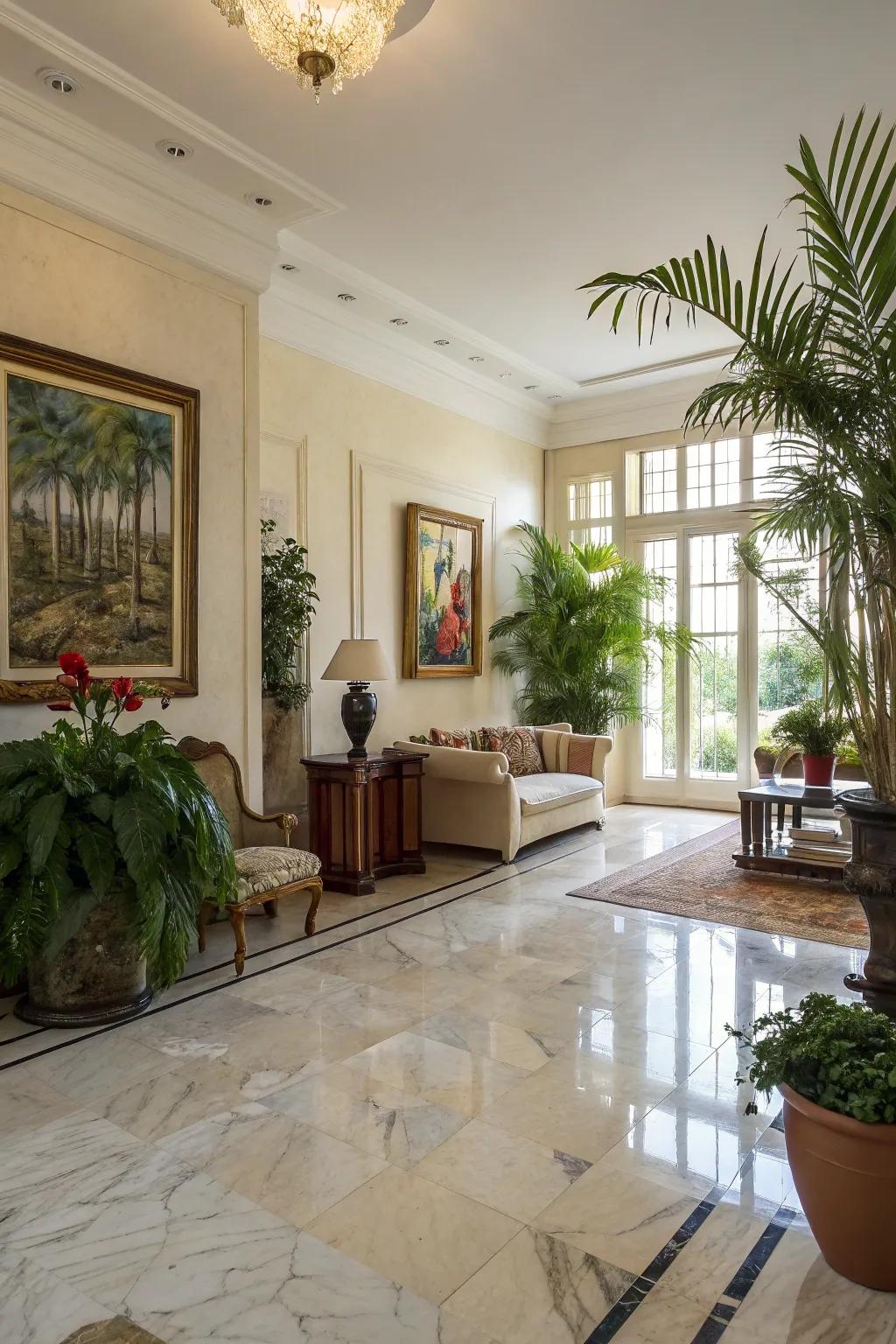 Accent decor pieces enhance stone flooring's charm.