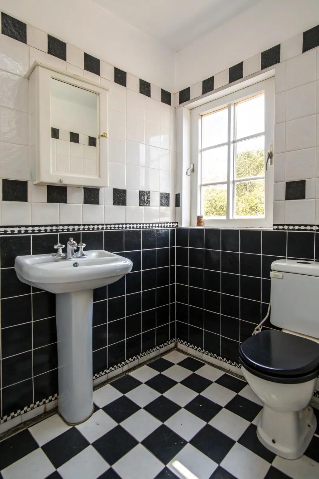 Monochrome enchantment achieved with black and white tiles.