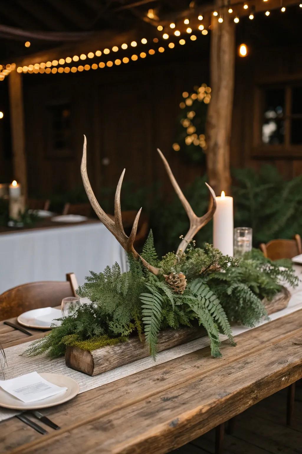 Horns and leafy plants create a sturdy and stylish centerpiece.