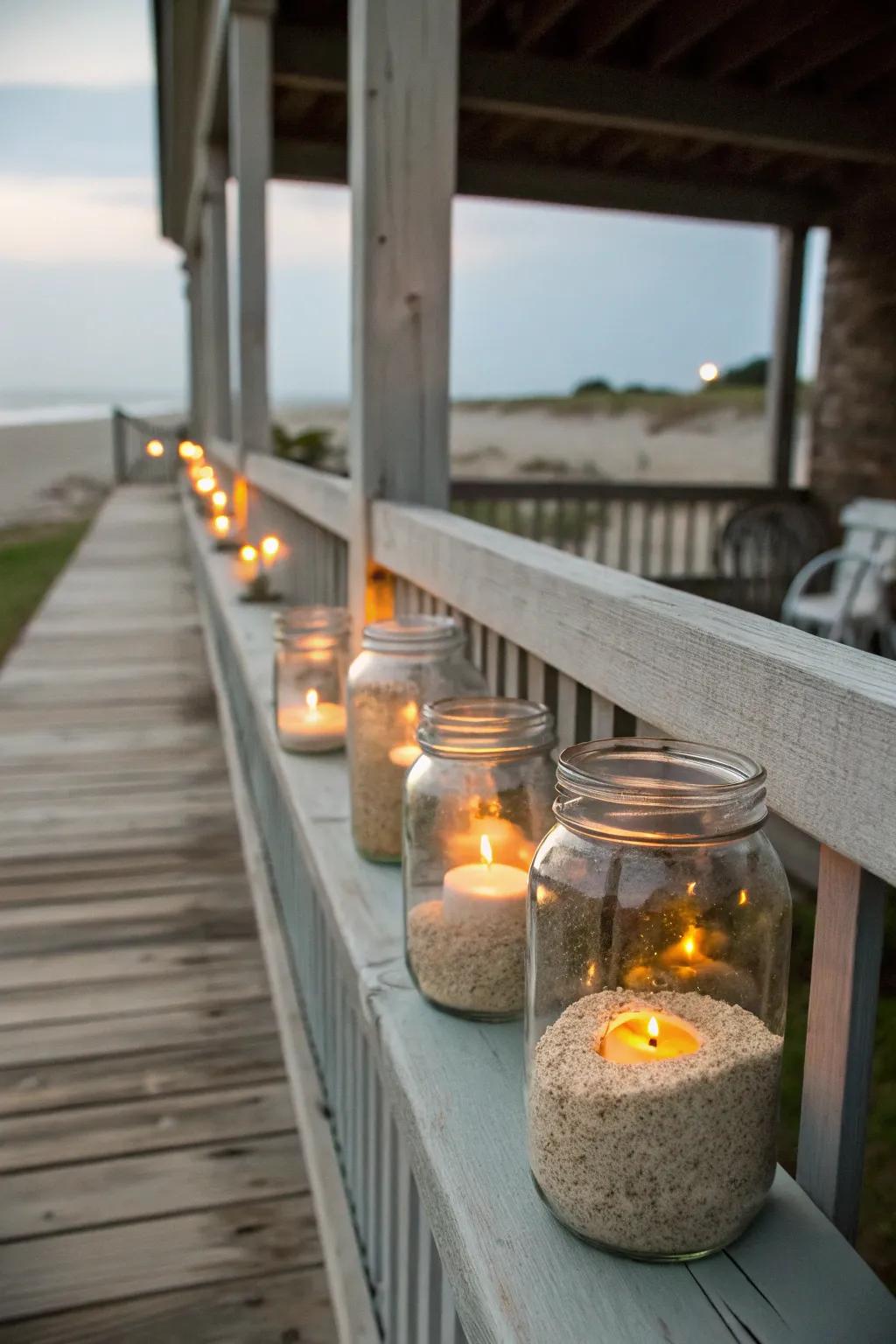 Cozy preserving-style jar candle holders with sand and tea lights.