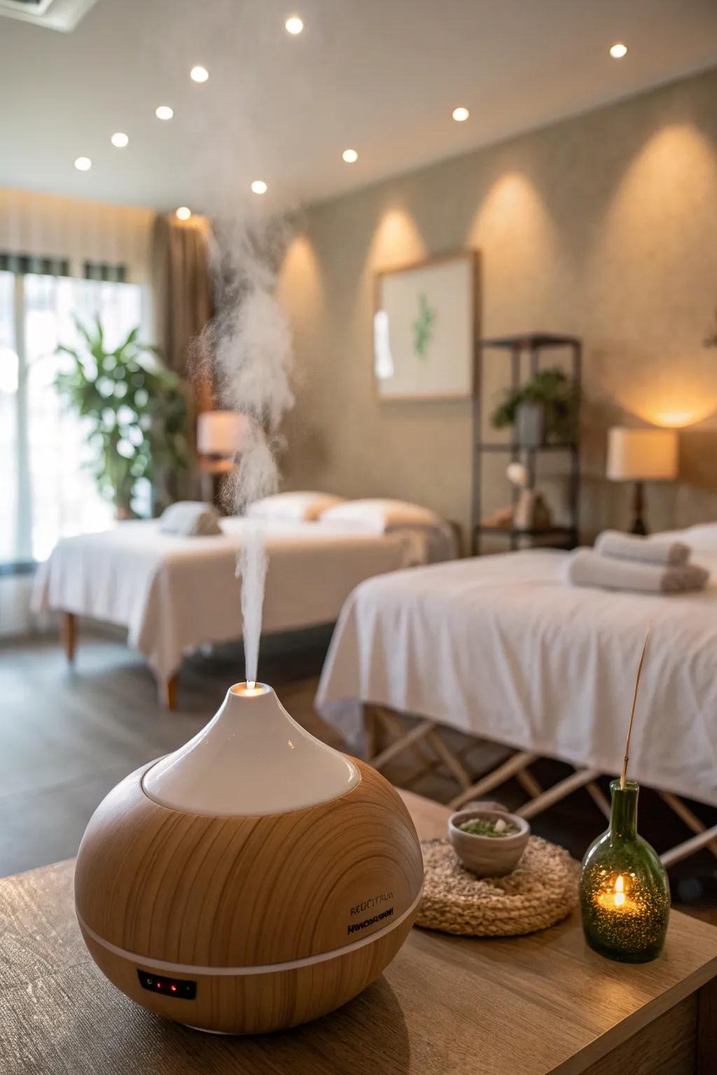 A massage room infused with soothing scents from an essential oil diffuser.